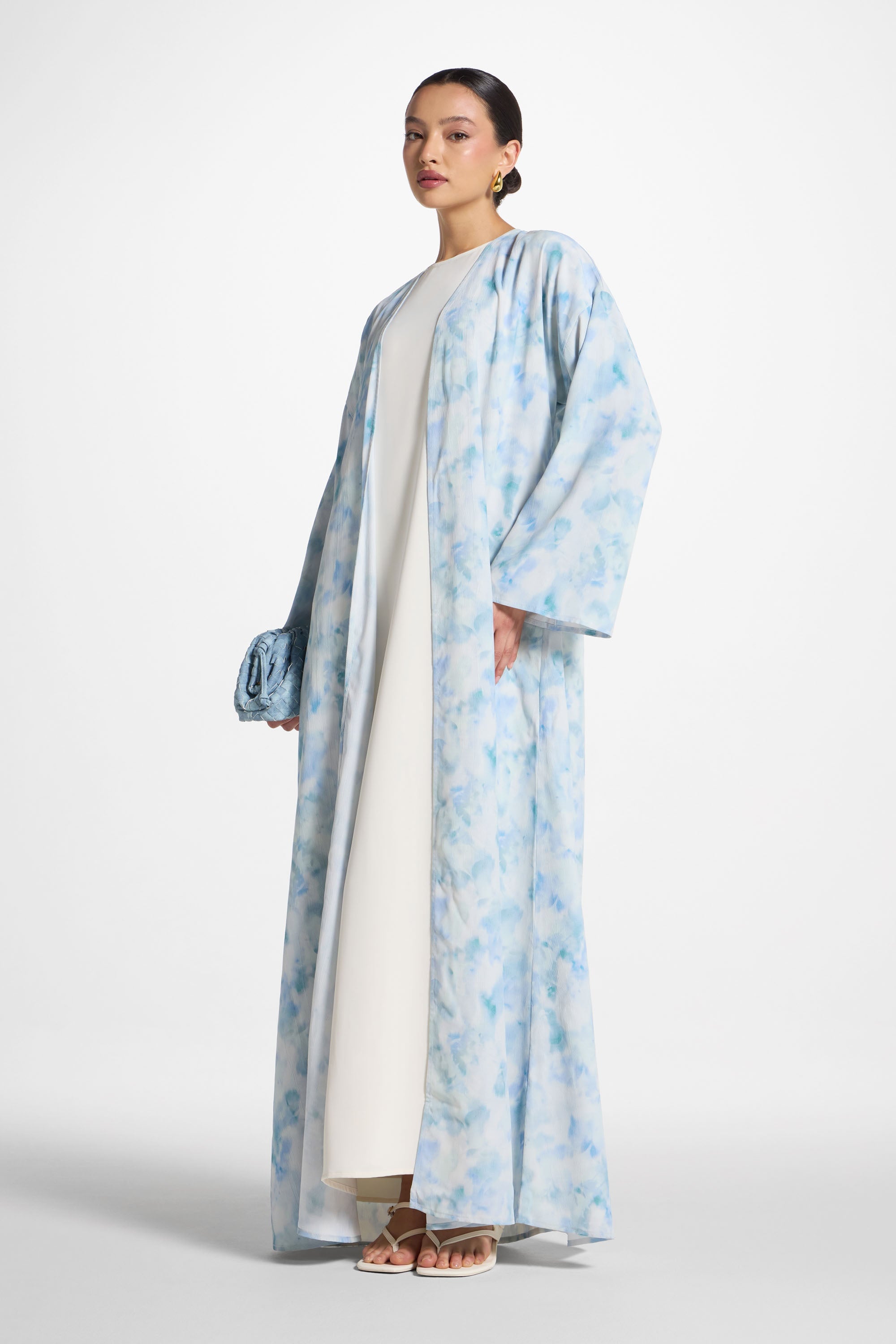 Lujain Printed Open Abaya - Blue Watercolor