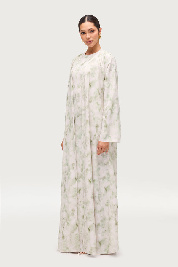 Lujain Printed Open Abaya - Sage Watercolor Dresses Veiled 