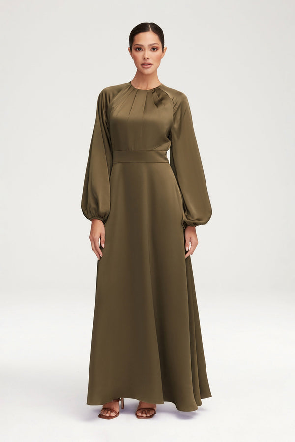 Luna Satin Balloon Sleeve Maxi Dress - Olive 