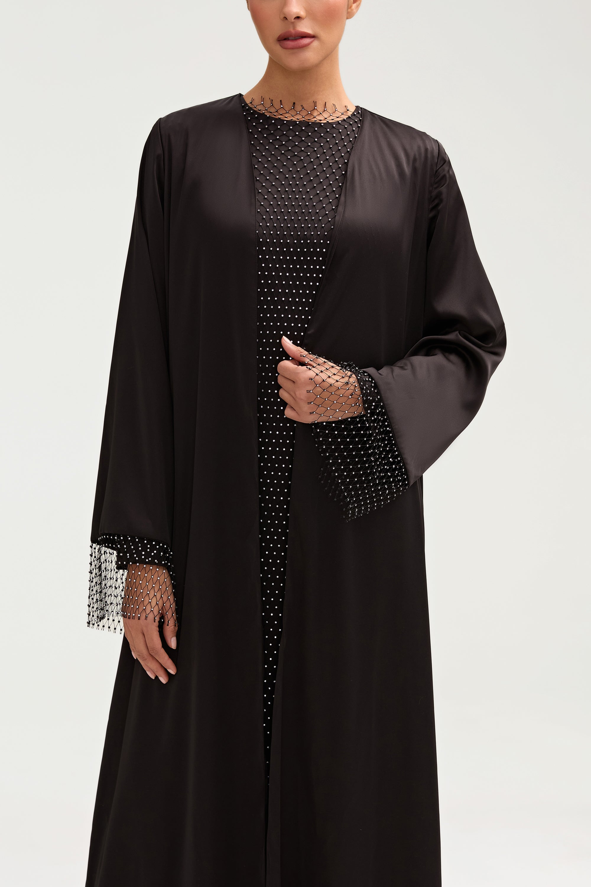 Lyana Crystal Mesh Satin Abaya - Black Clothing Veiled 