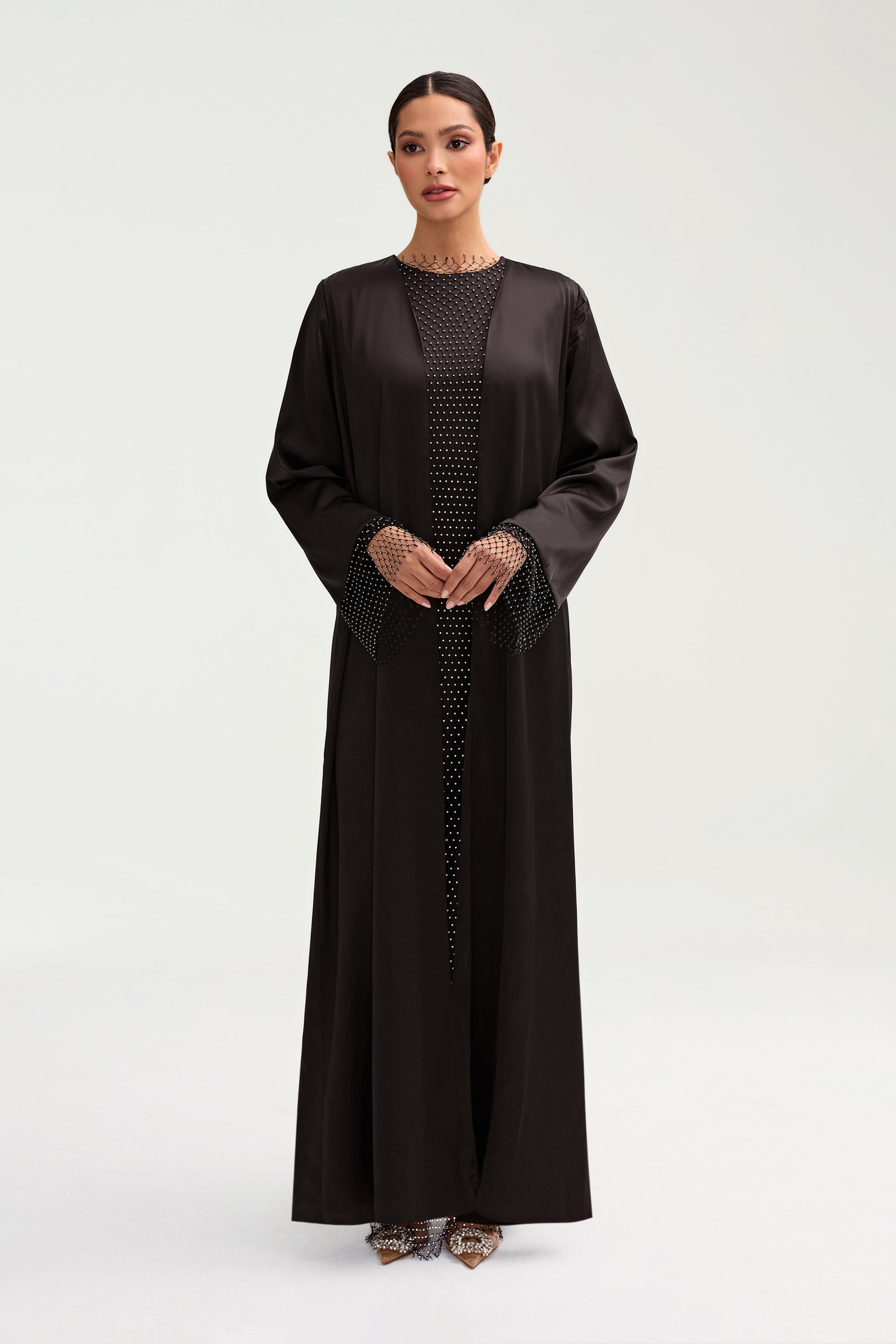 Lyana Crystal Mesh Satin Abaya - Black Clothing Veiled 