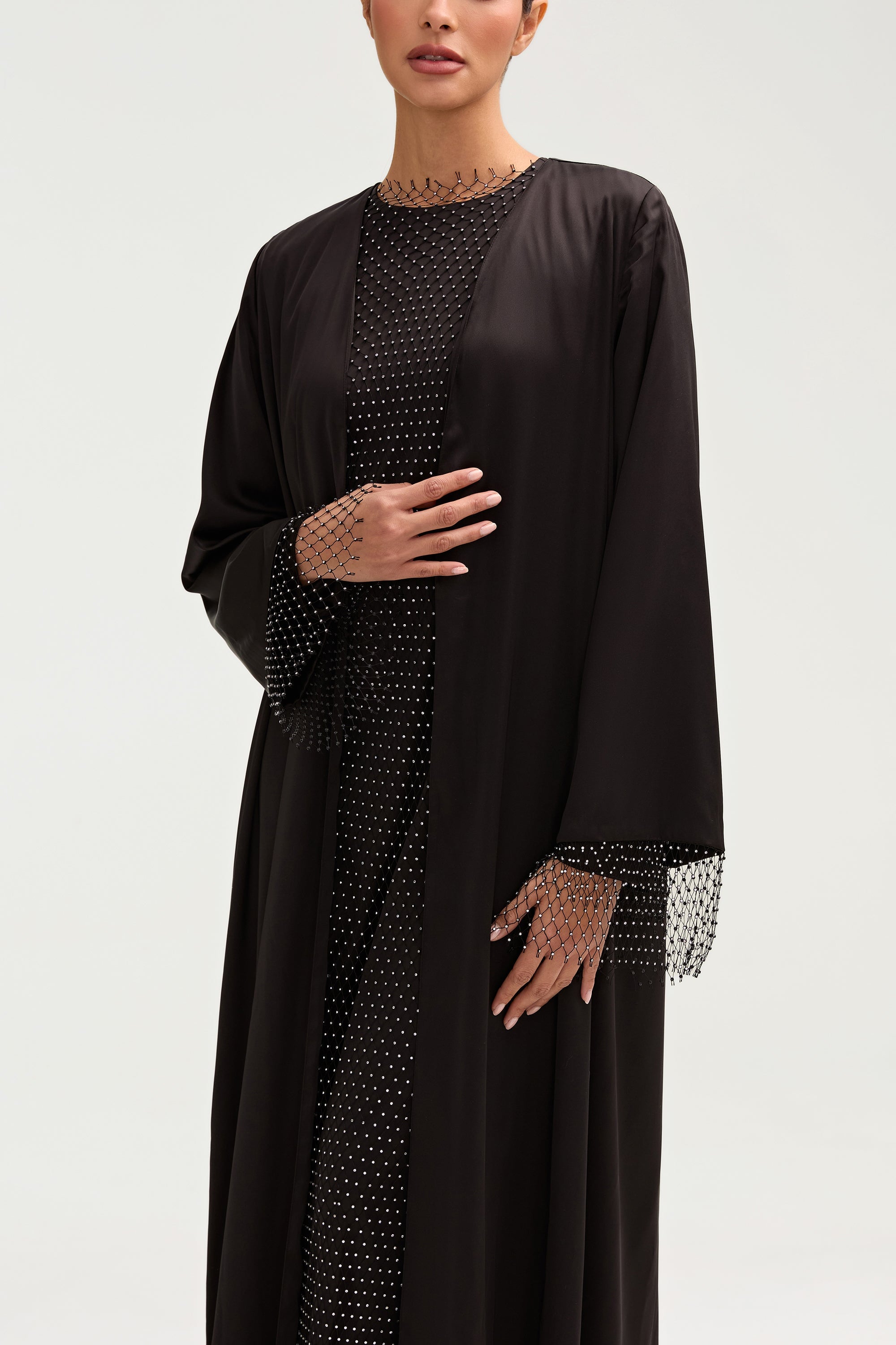 Lyana Crystal Mesh Satin Abaya - Black Clothing Veiled 