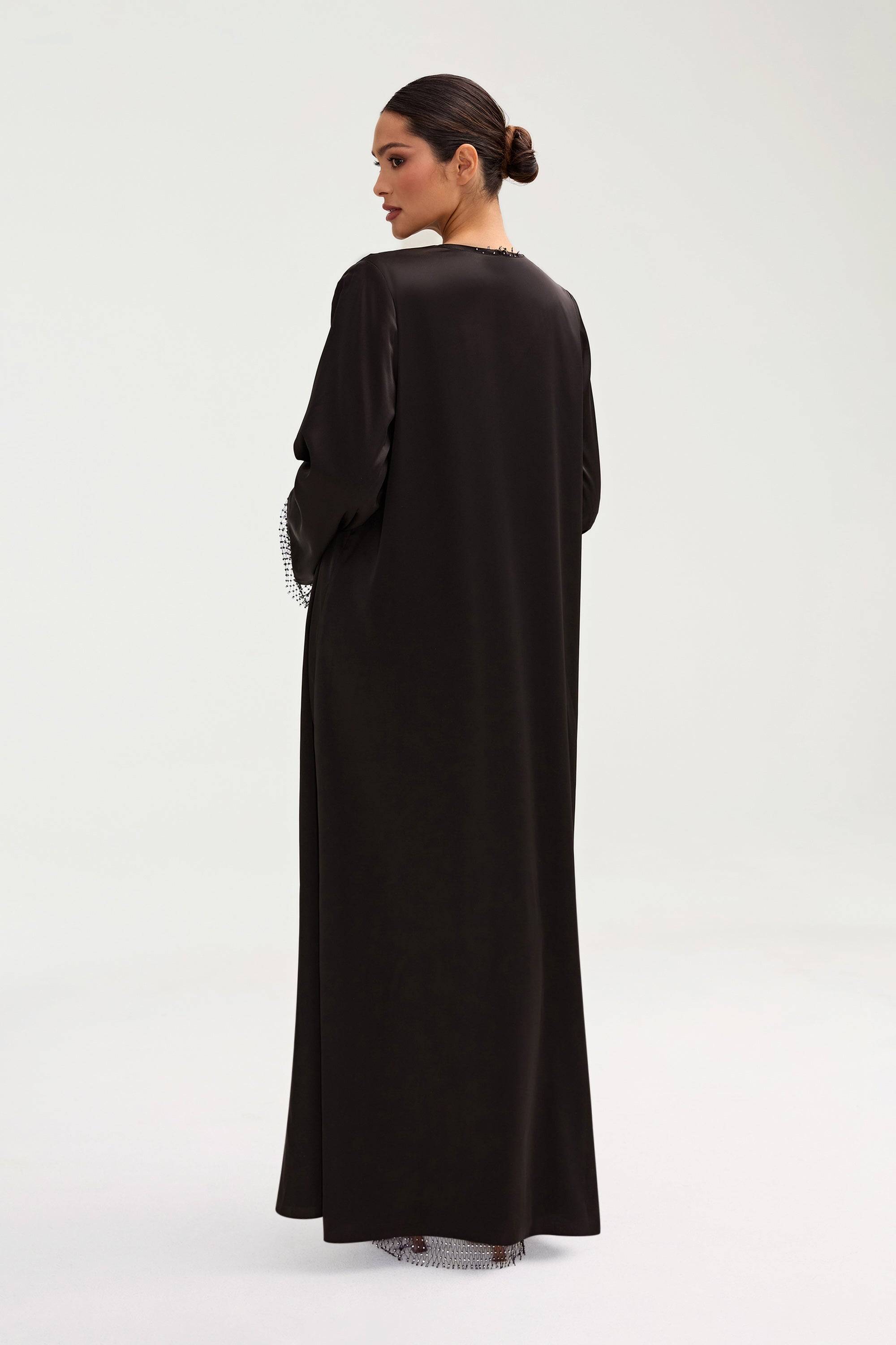 Lyana Crystal Mesh Satin Abaya - Black Clothing Veiled 