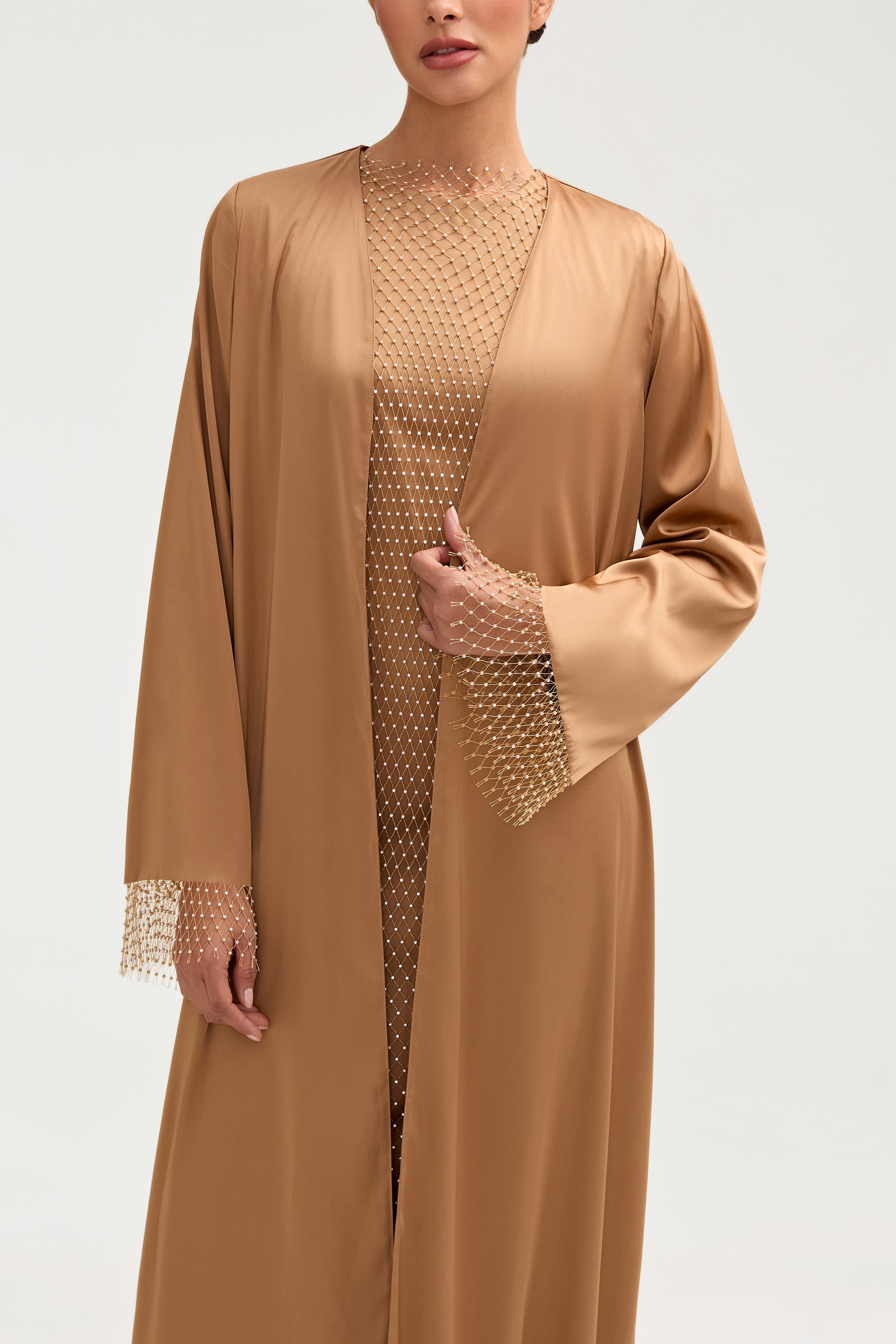 Lyana Crystal Mesh Satin Abaya - Champagne Clothing Veiled 