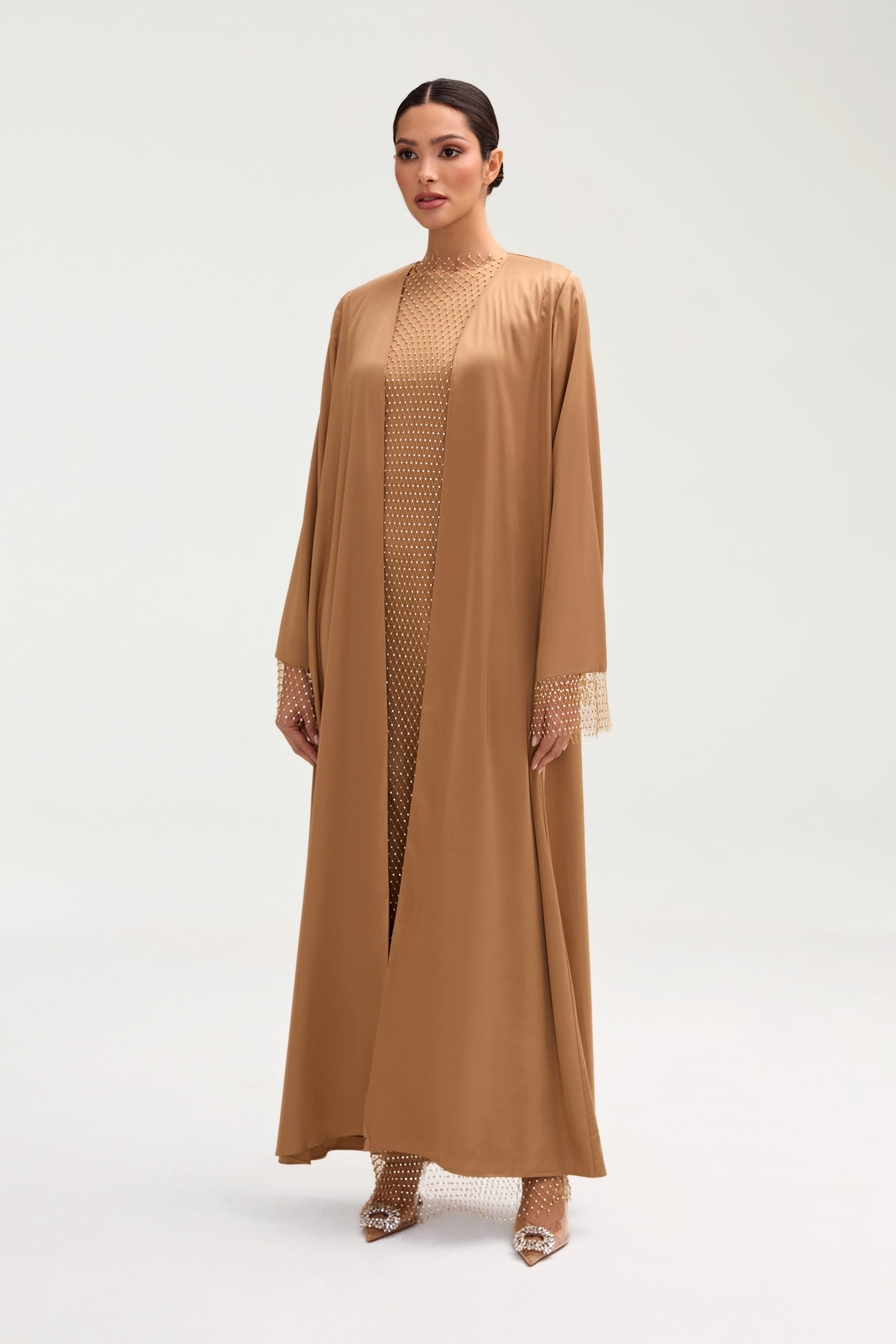 Lyana Crystal Mesh Satin Abaya - Champagne Clothing Veiled 