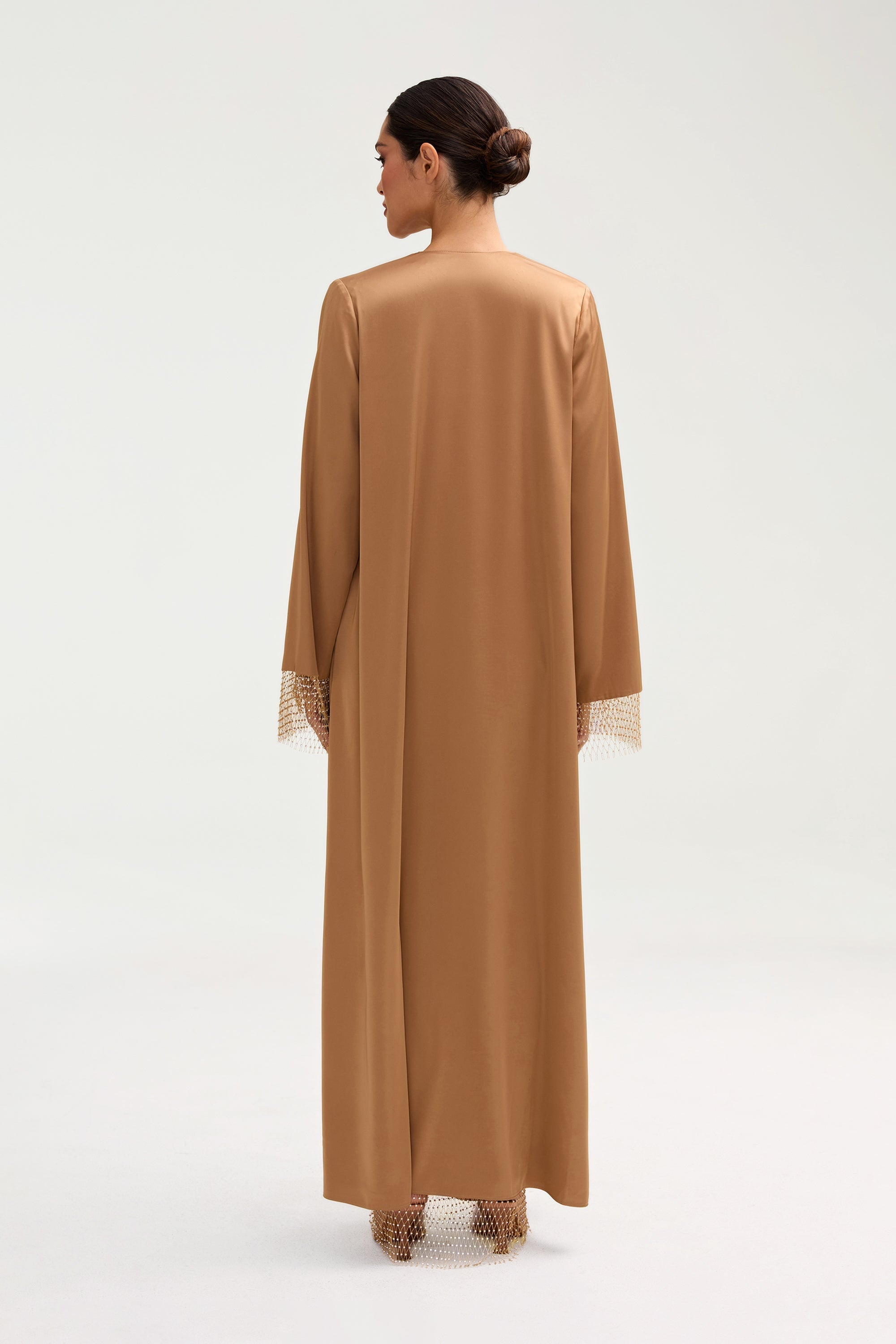 Lyana Crystal Mesh Satin Abaya - Champagne Clothing Veiled 