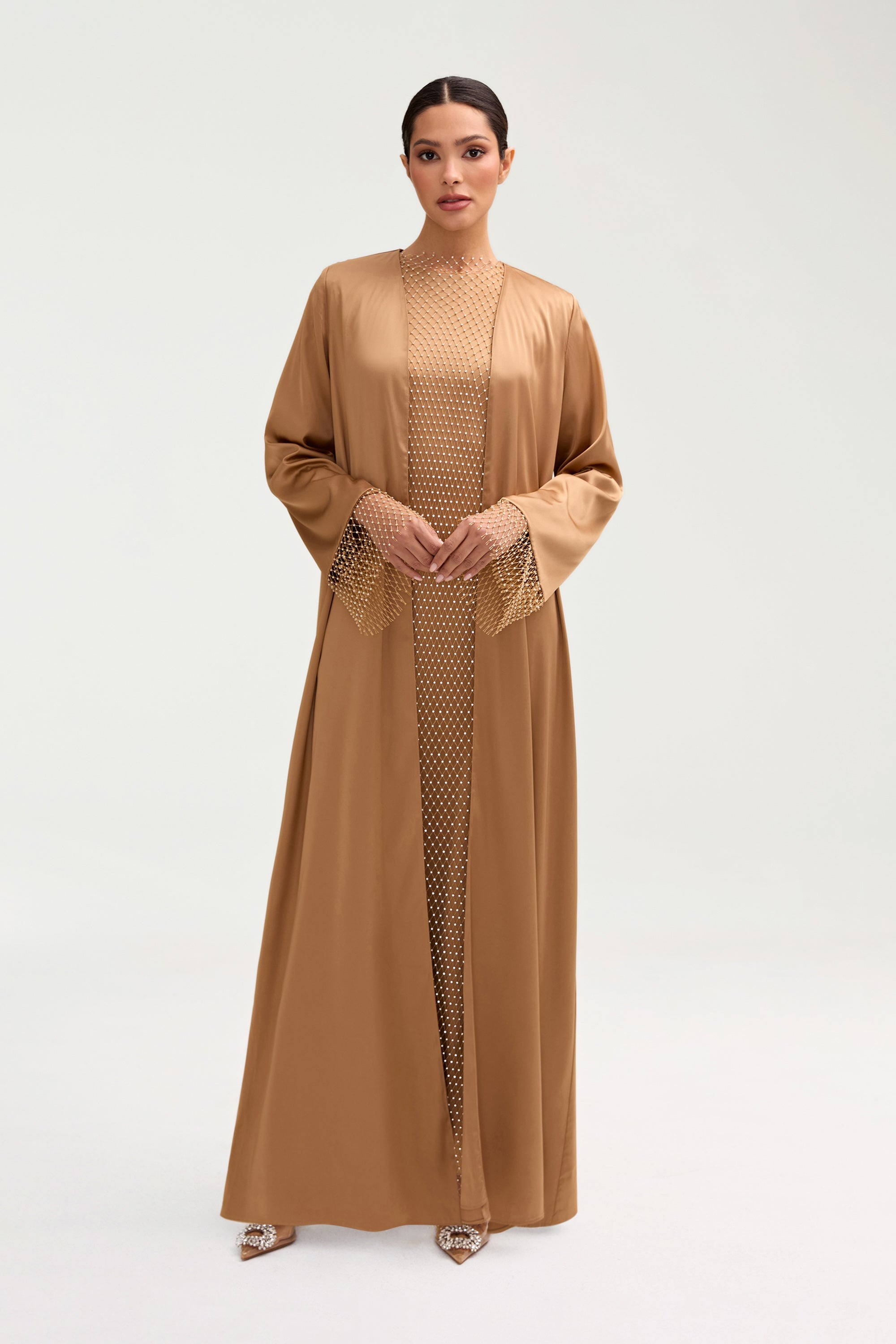 Lyana Crystal Mesh Satin Abaya - Champagne Clothing Veiled 