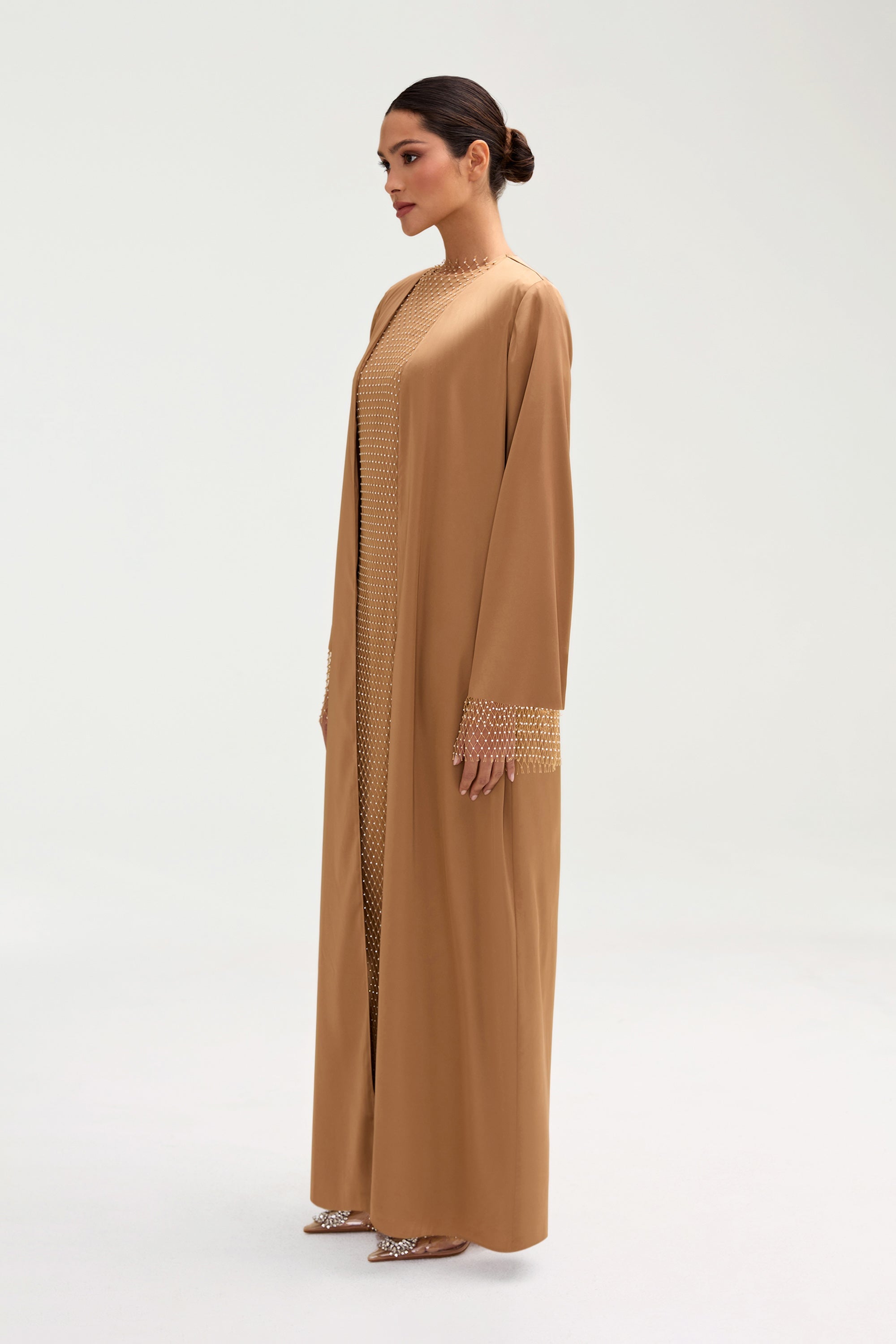 Lyana Crystal Mesh Satin Abaya - Champagne