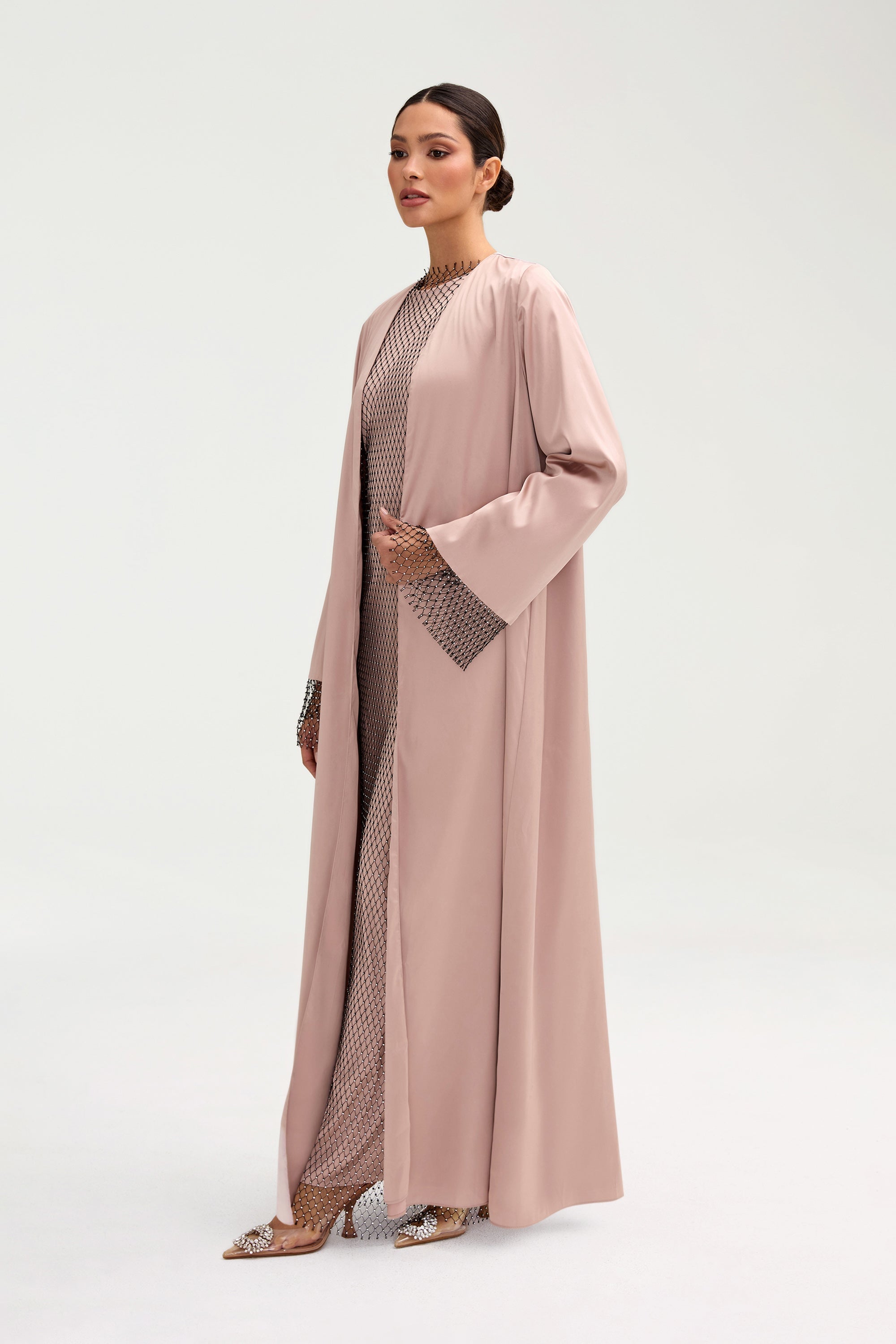 Lyana Crystal Mesh Satin Abaya - Pink Jasmine Clothing Veiled 