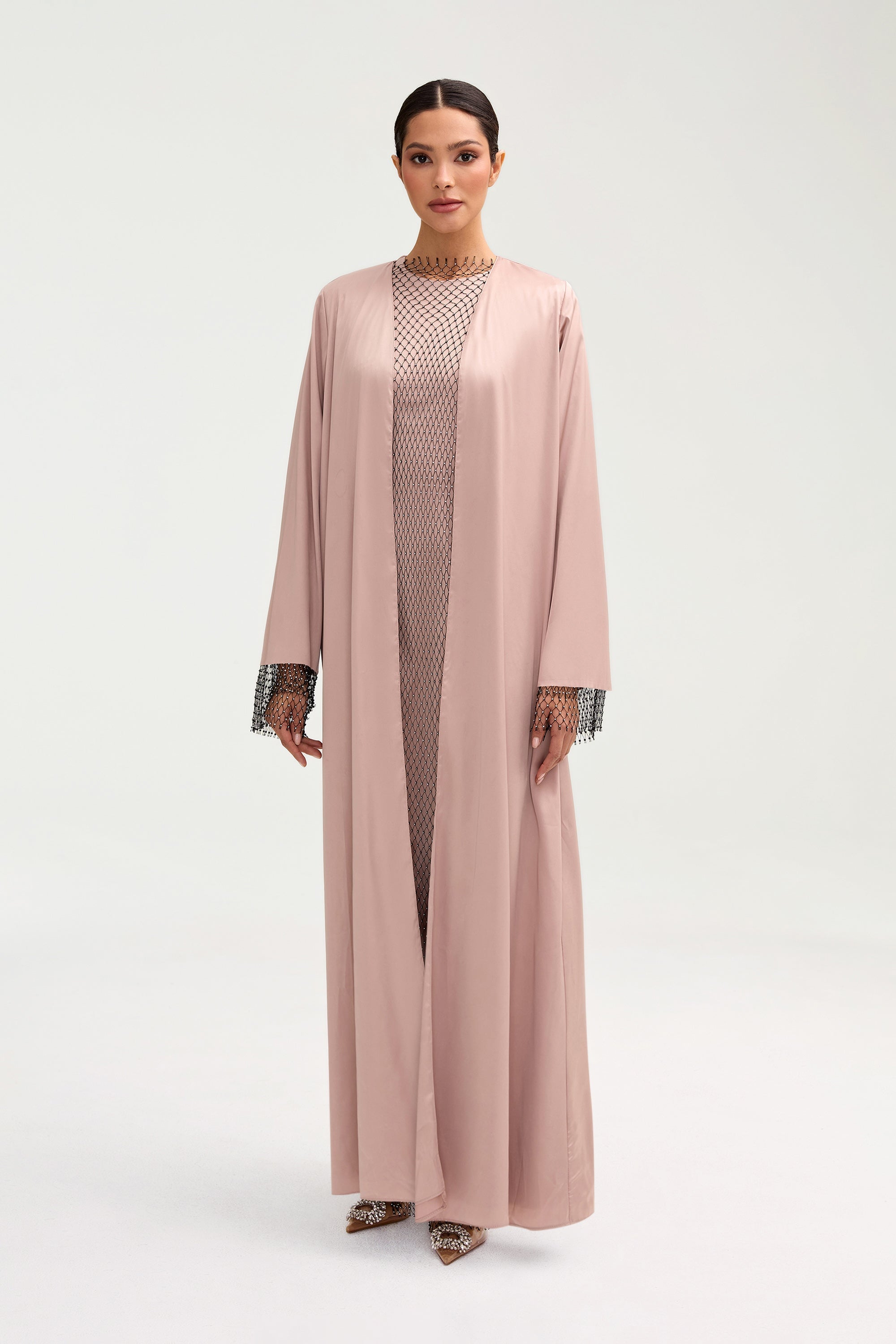 Lyana Crystal Mesh Satin Abaya - Pink Jasmine Clothing Veiled 