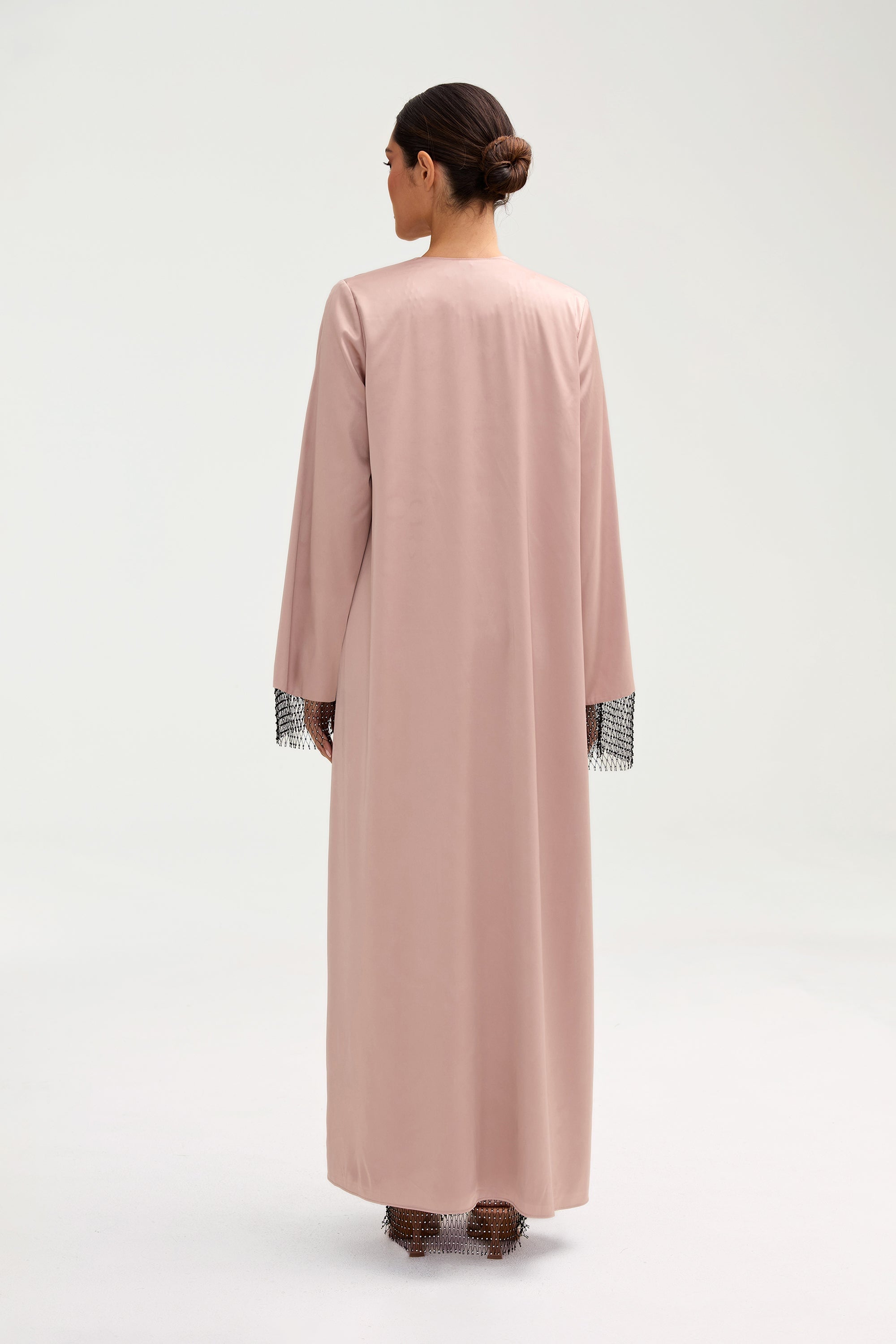 Lyana Crystal Mesh Satin Abaya - Pink Jasmine Clothing Veiled 