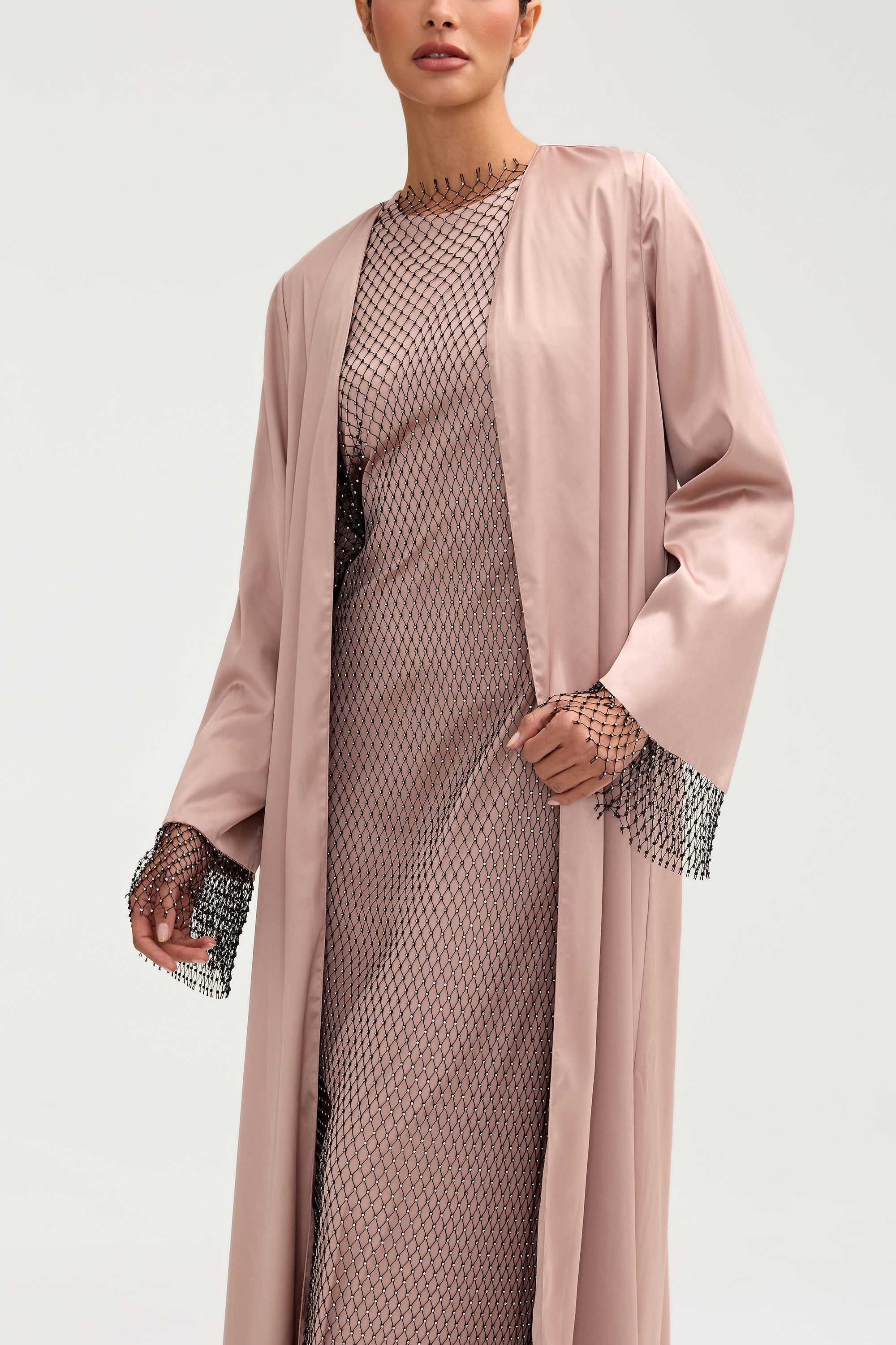 Lyana Crystal Mesh Satin Abaya - Pink Jasmine Clothing Veiled 