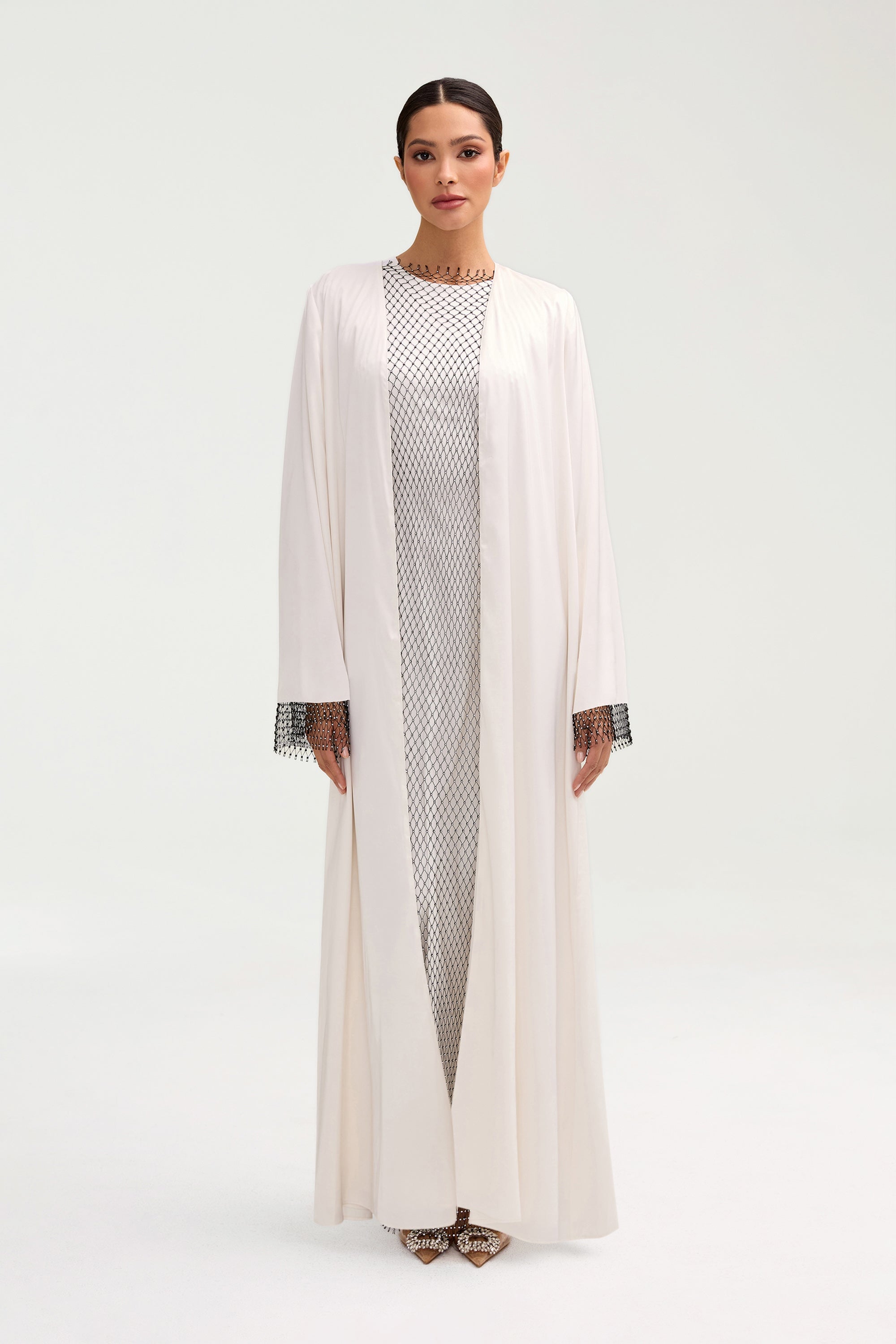 Lyana Crystal Mesh Satin Abaya - White Clothing Veiled 