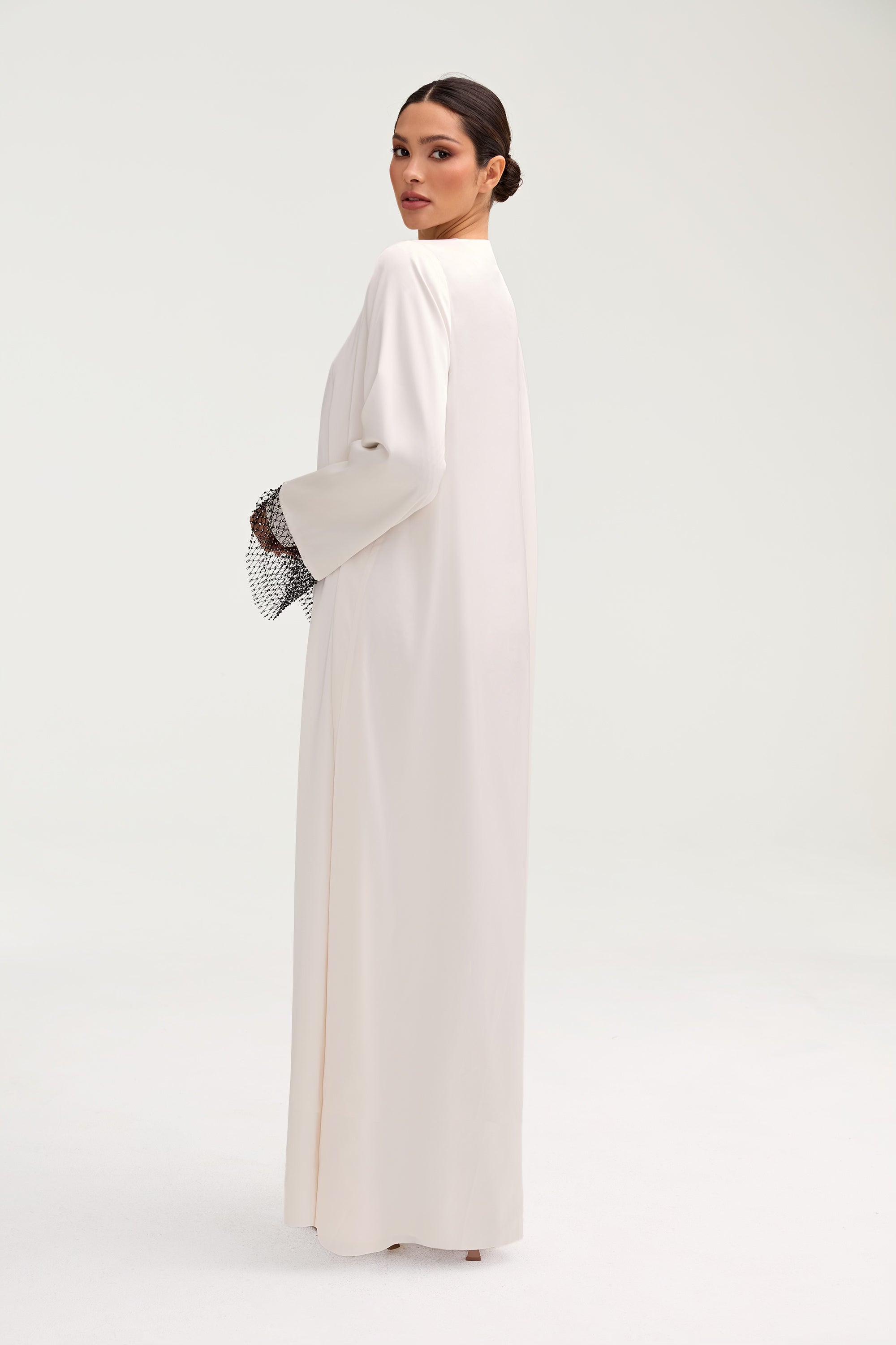 Lyana Crystal Mesh Satin Abaya - White Clothing Veiled 