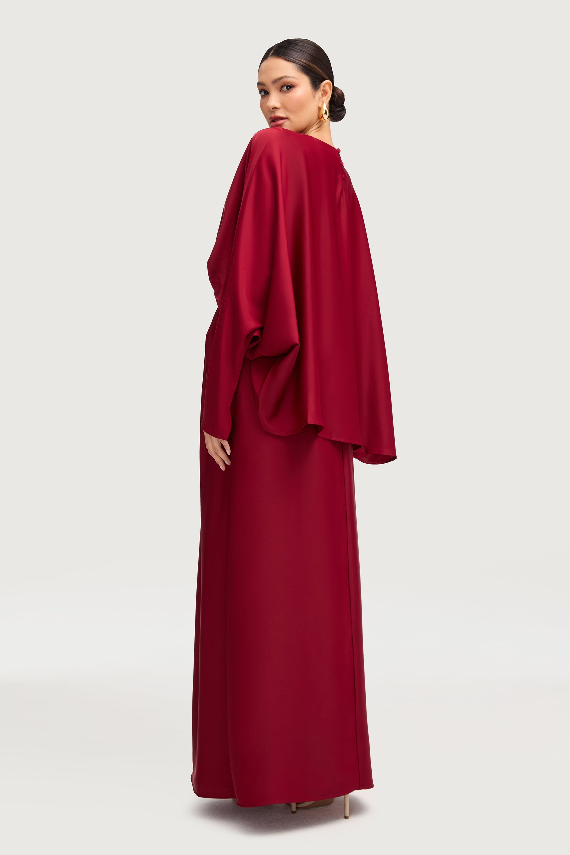 Maleeka Satin Drape Maxi Dress - Maroon Dresses Veiled 