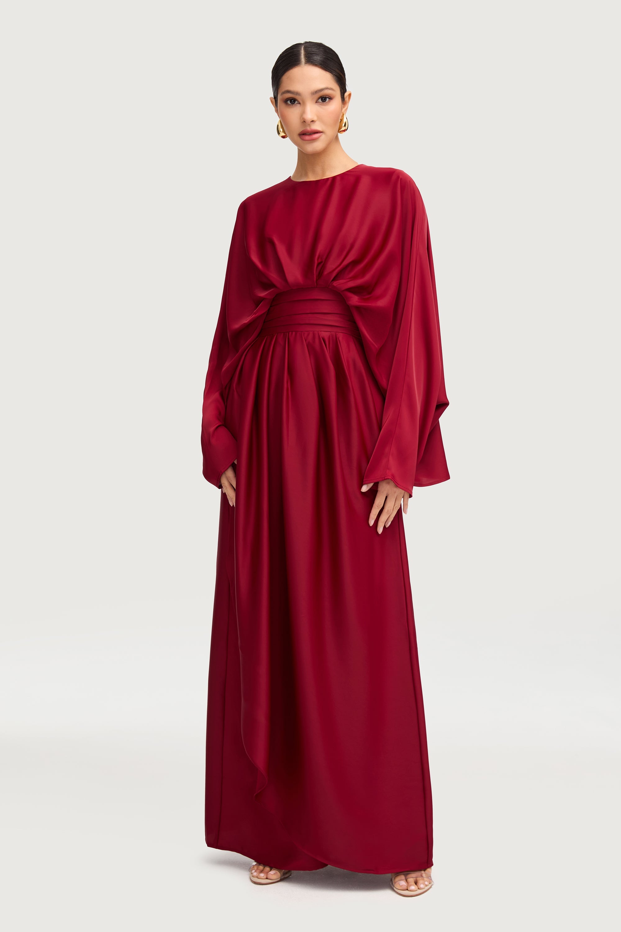 Maleeka Satin Drape Maxi Dress - Maroon Dresses Veiled 