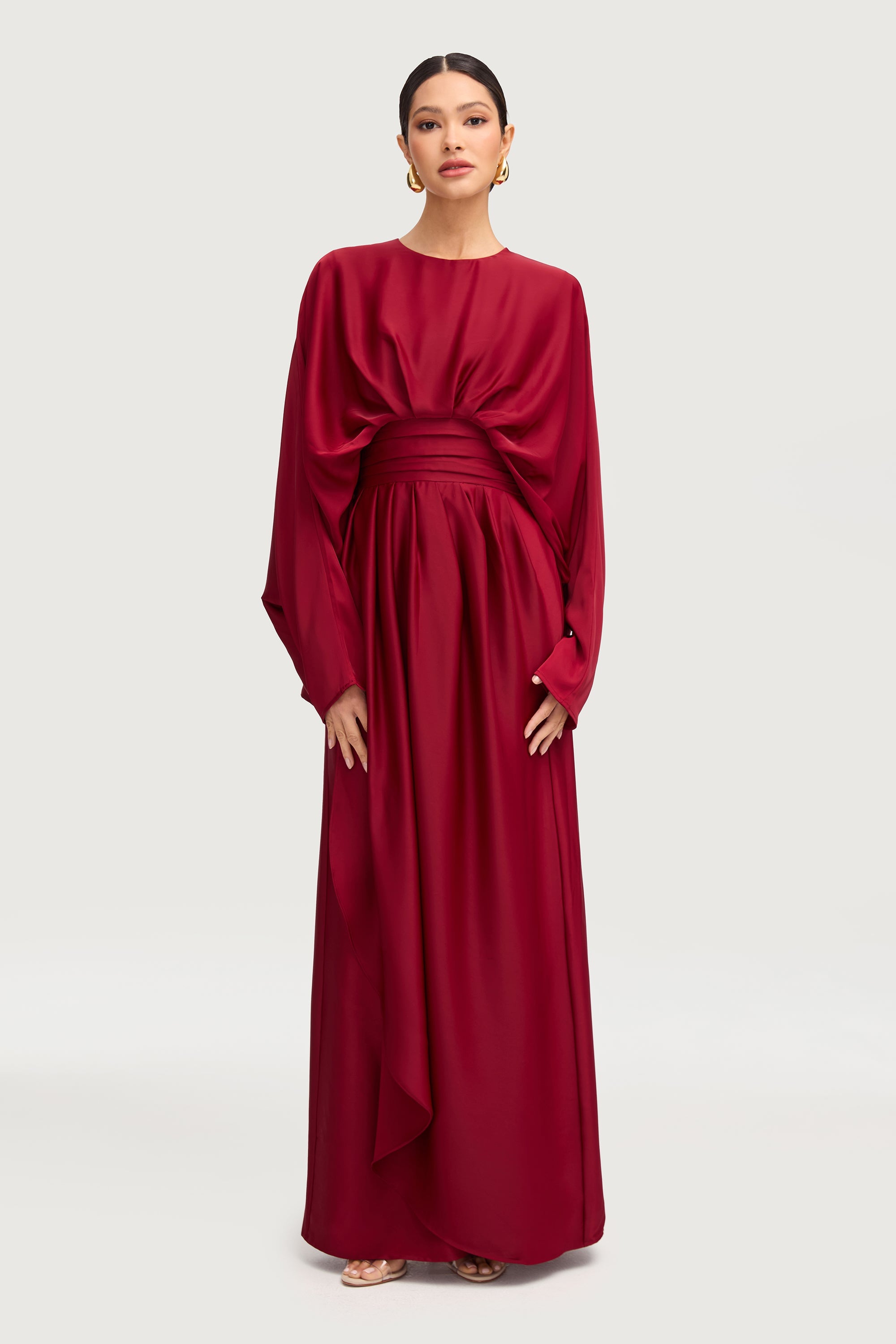 Maleeka Satin Drape Maxi Dress - Maroon Dresses Veiled 