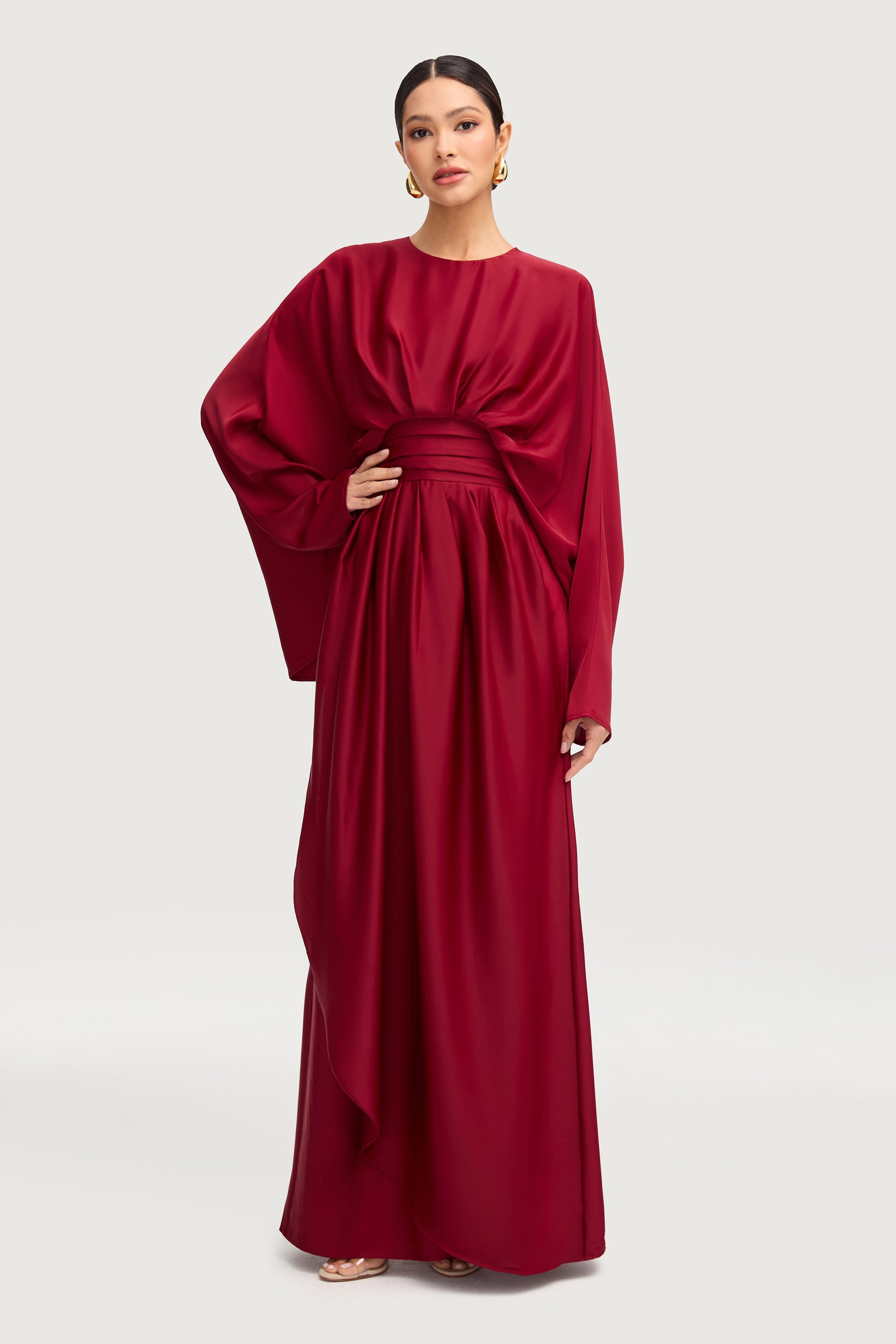 Maleeka Satin Drape Maxi Dress - Maroon Dresses Veiled 