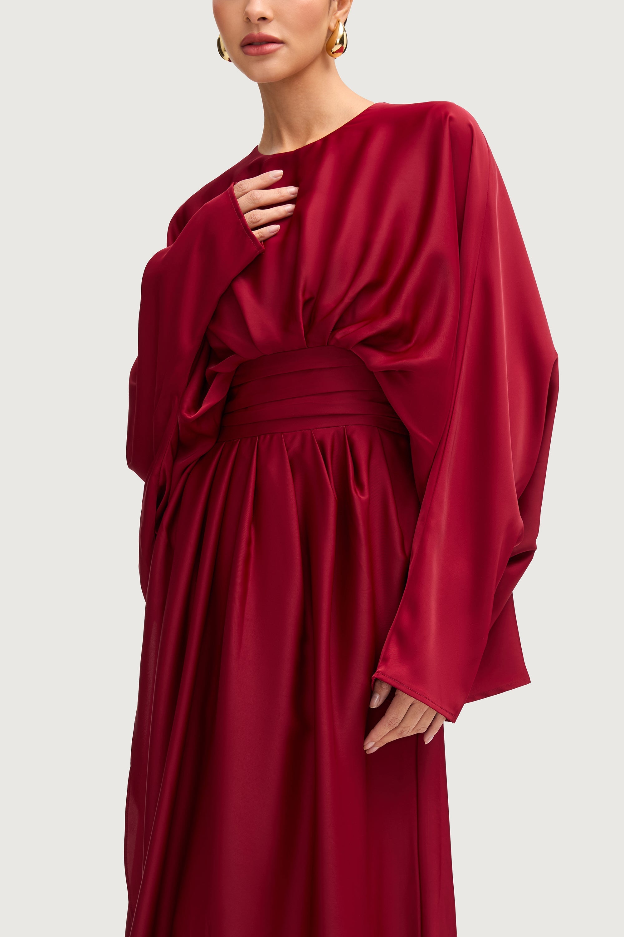 Maleeka Satin Drape Maxi Dress - Maroon Dresses Veiled 