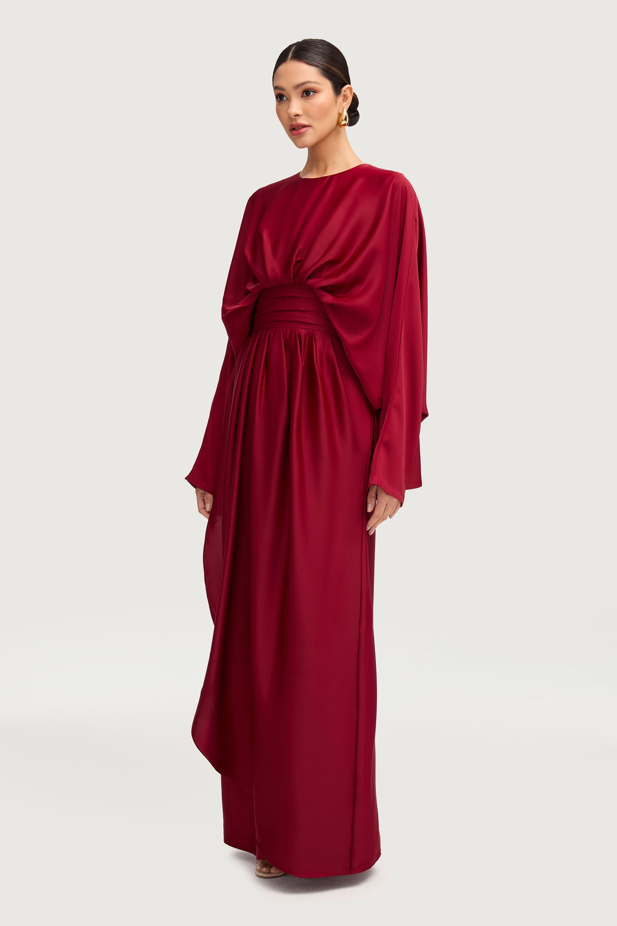 Maleeka Satin Drape Maxi Dress - Maroon Dresses Veiled 