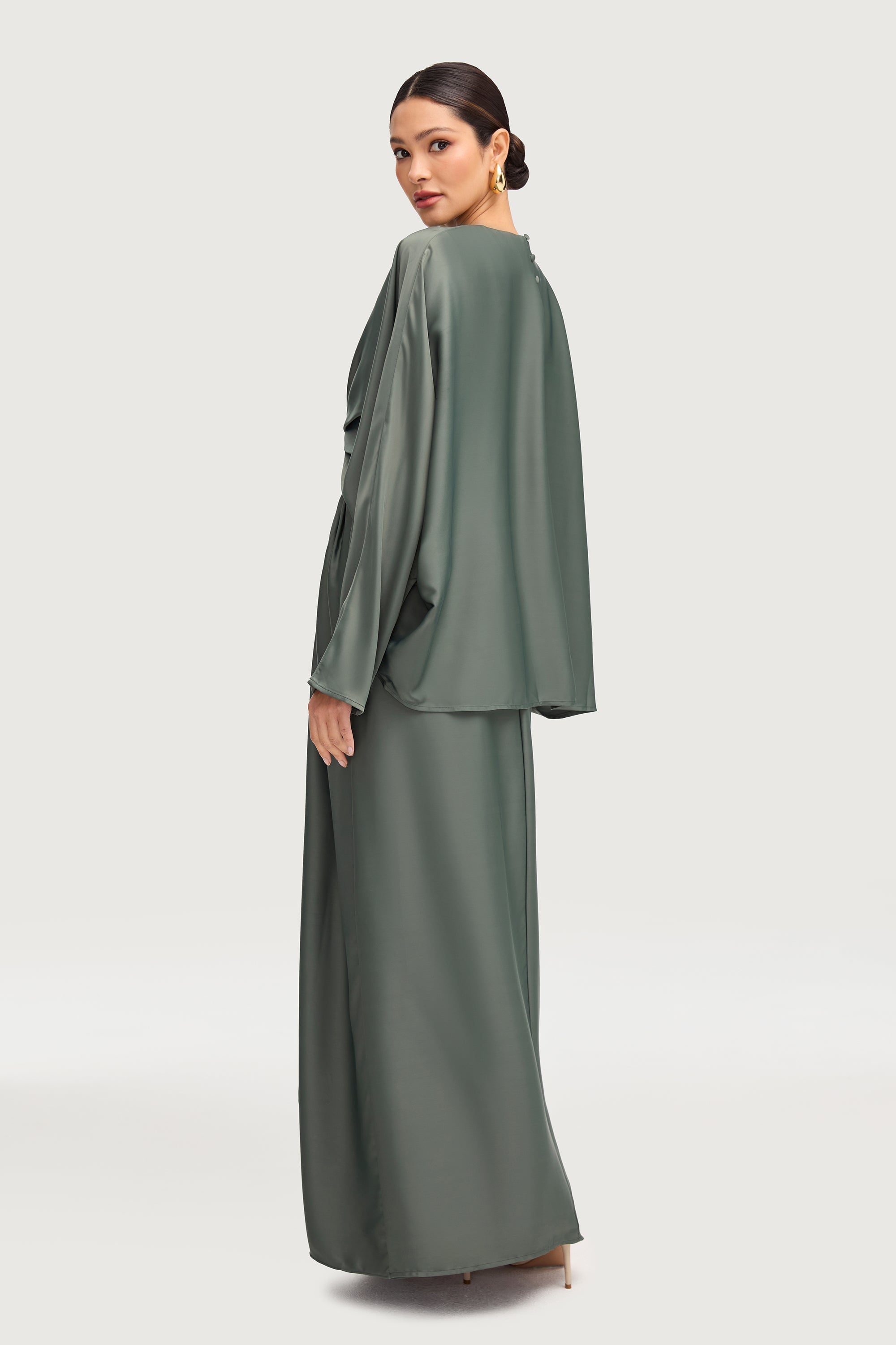 Maleeka Satin Drape Maxi Dress - Sage Dresses Veiled 