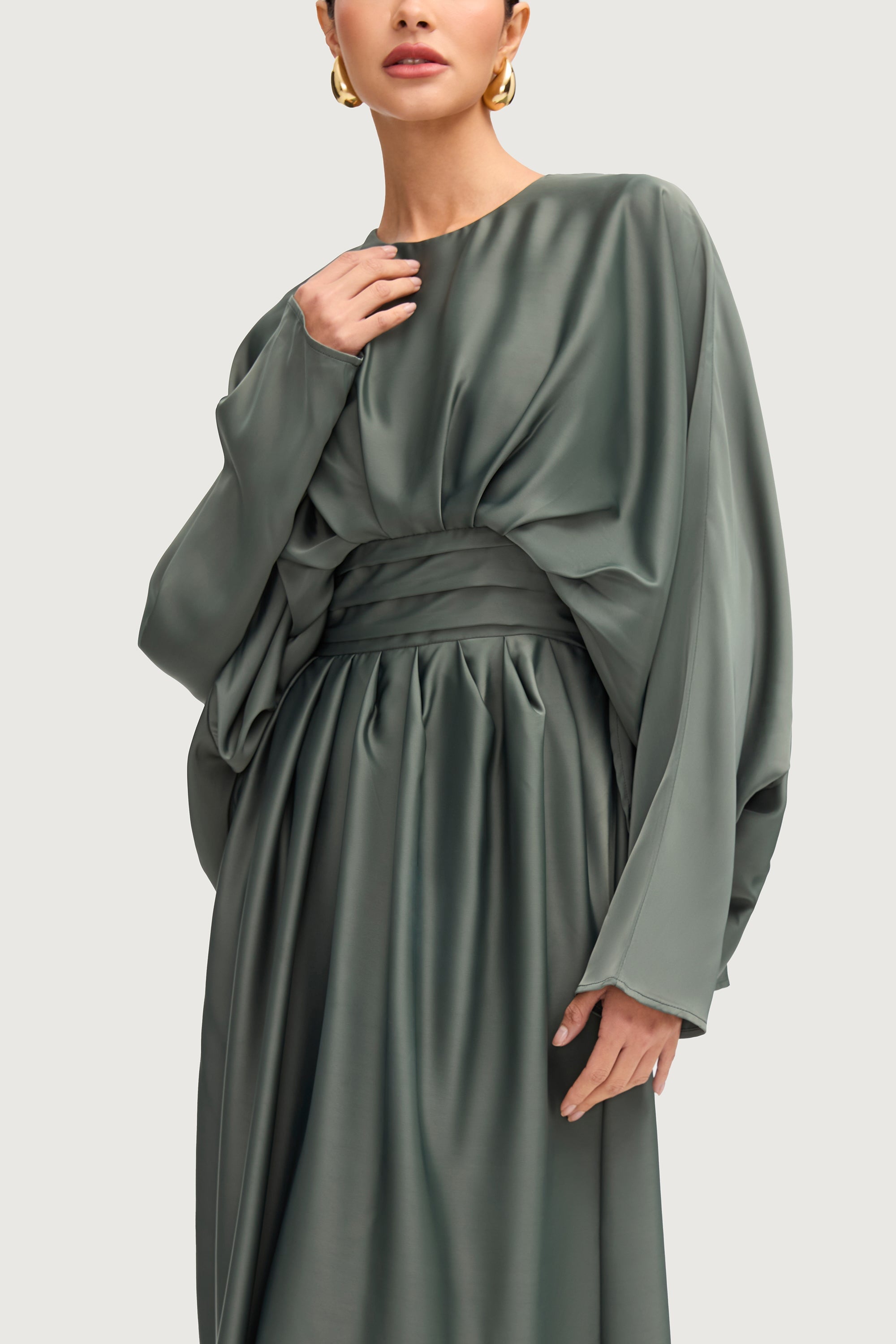 Maleeka Satin Drape Maxi Dress - Sage Dresses Veiled 