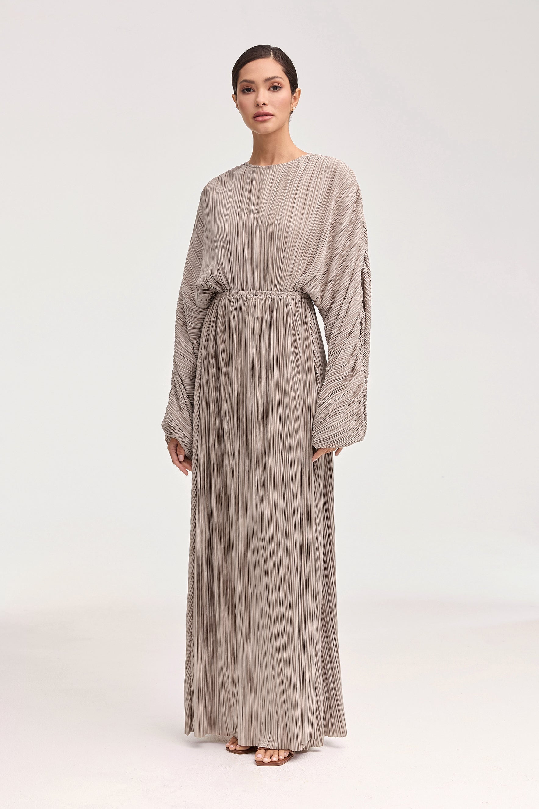 Manal Satin Plisse Batwing Maxi Dress - Taupe Clothing Veiled 