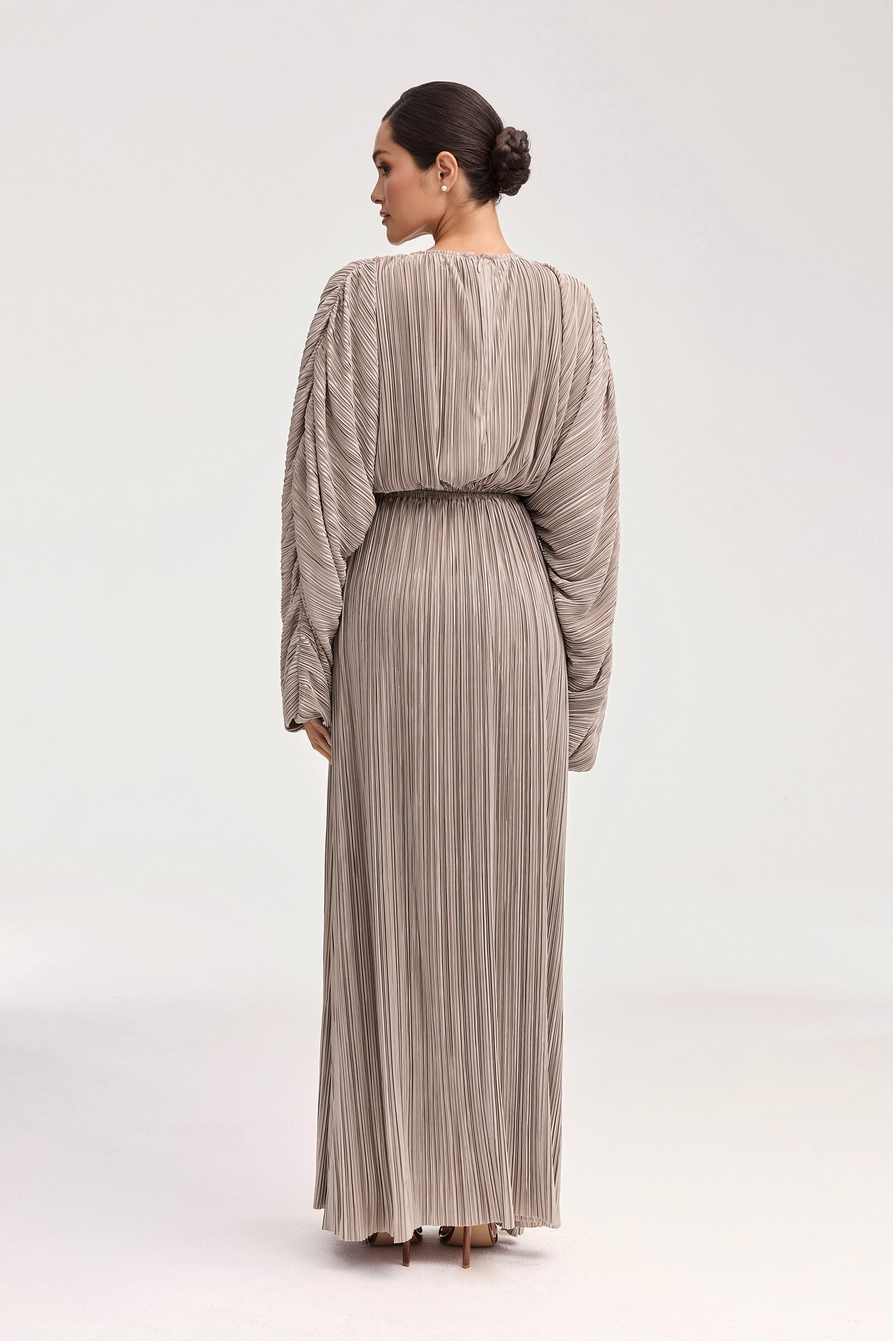 Manal Satin Plisse Batwing Maxi Dress - Taupe Clothing Veiled 