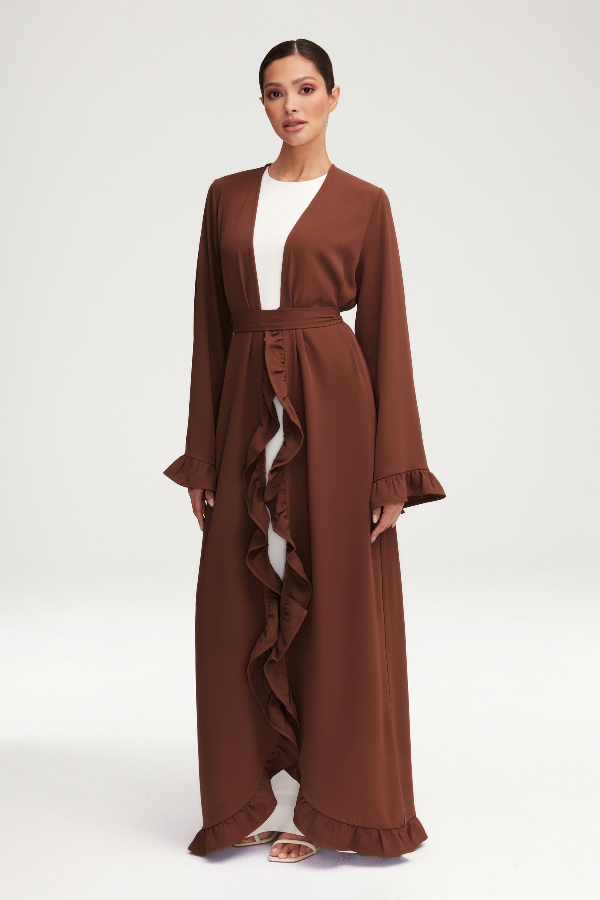 Mariam Ruffle Open Abaya - Chocolate Clothing Veiled 