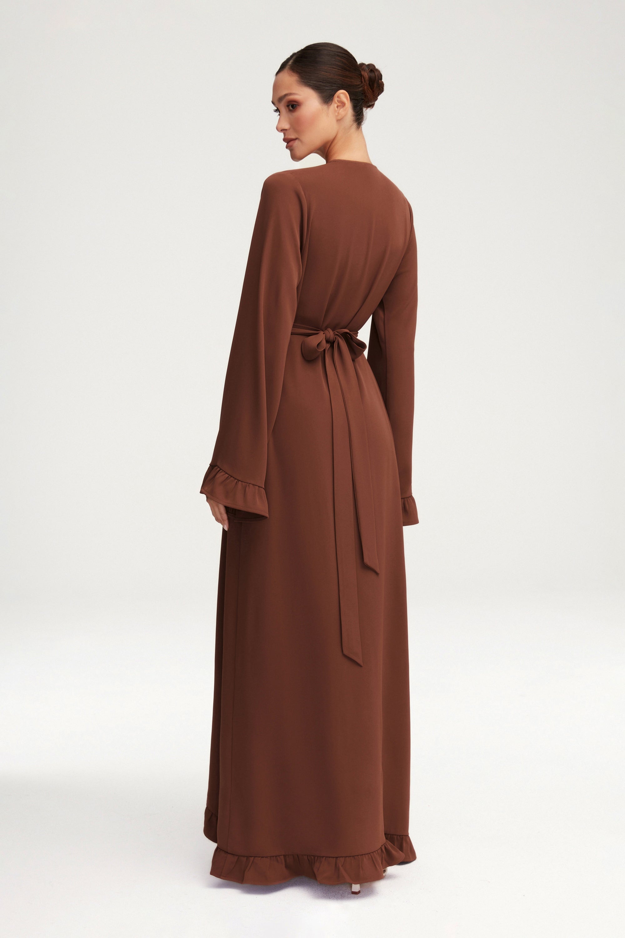 Mariam Ruffle Open Abaya - Chocolate Clothing Veiled 
