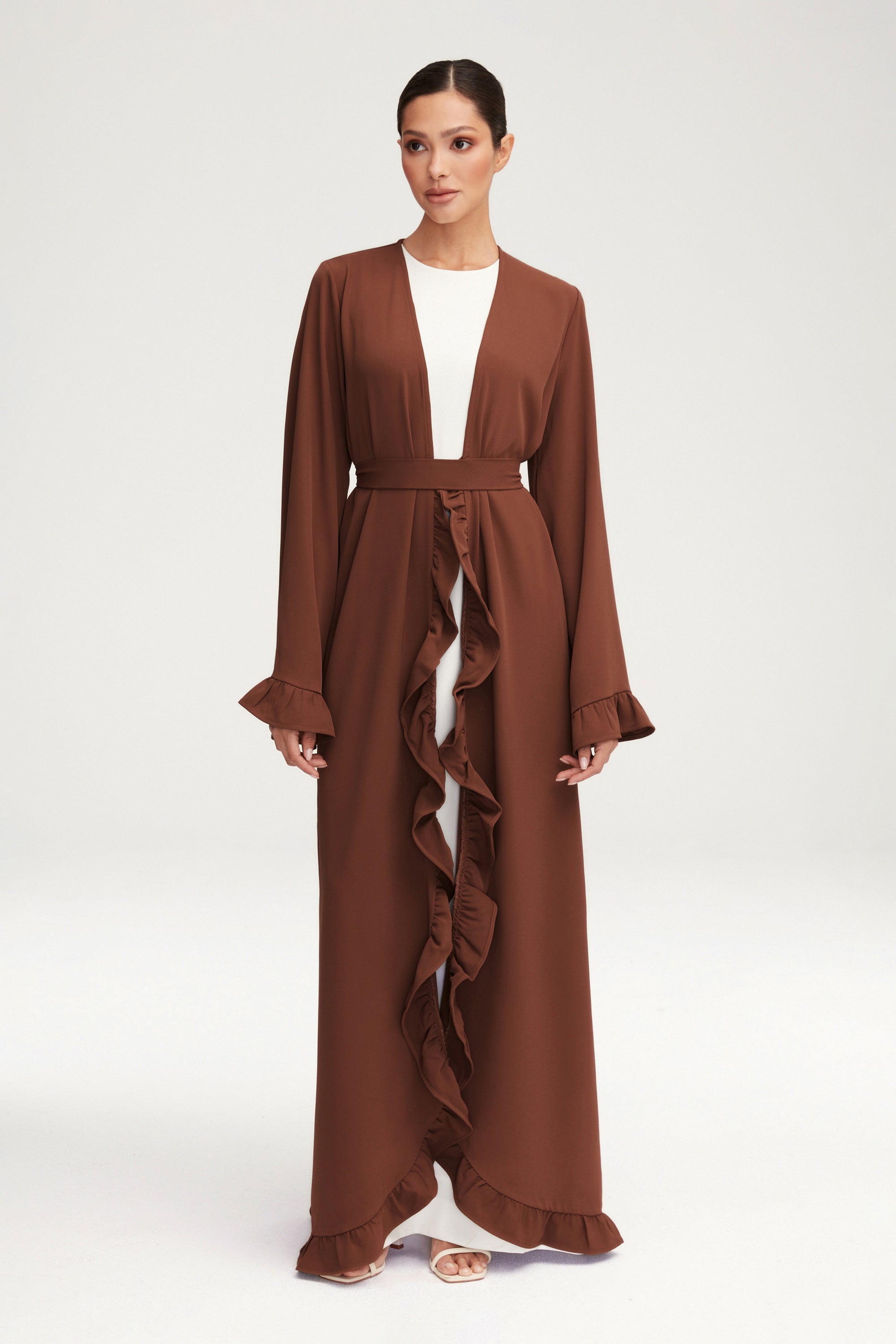 Mariam Ruffle Open Abaya - Chocolate Clothing epschoolboard 