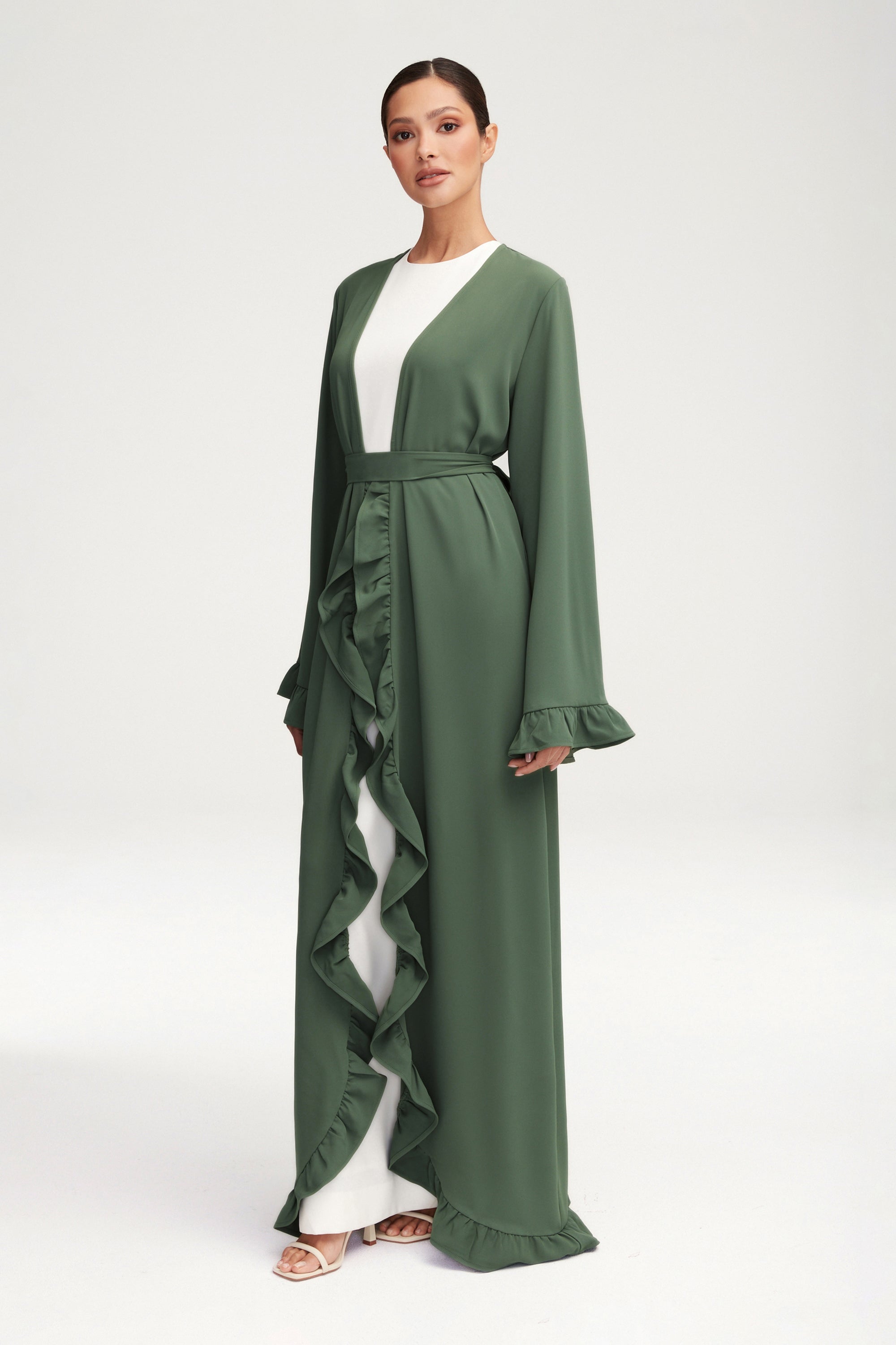 Mariam Ruffle Open Abaya - Dark Forest Clothing Veiled 
