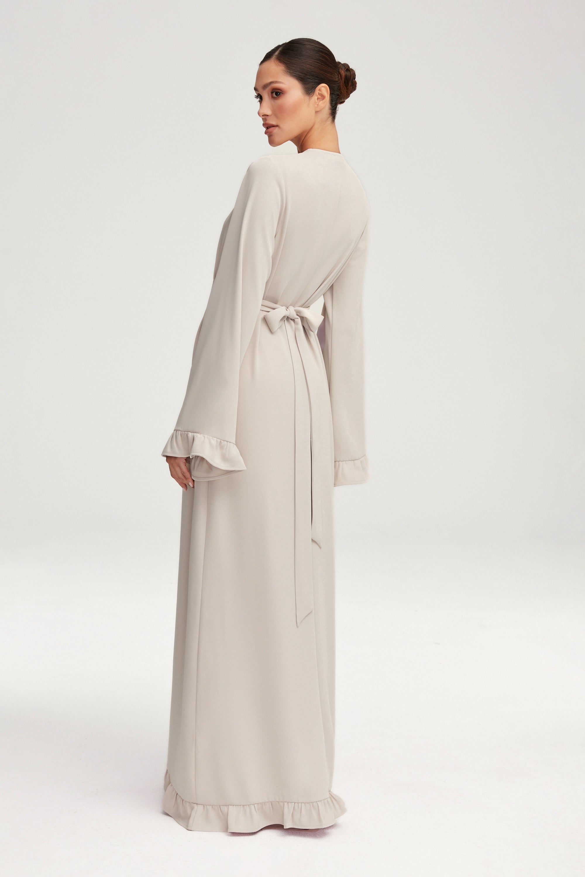 Mariam Ruffle Open Abaya - Stone Clothing Veiled 