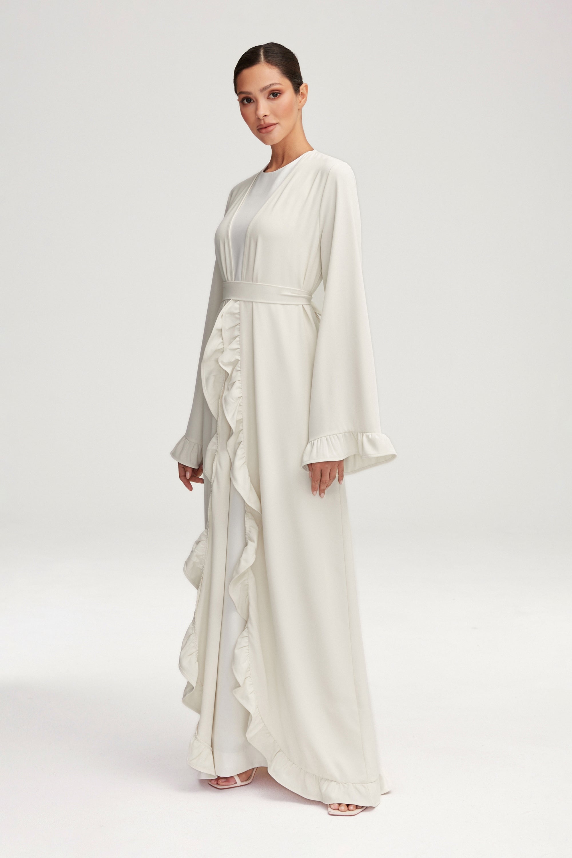 Mariam Ruffle Open Abaya - White Clothing Veiled 