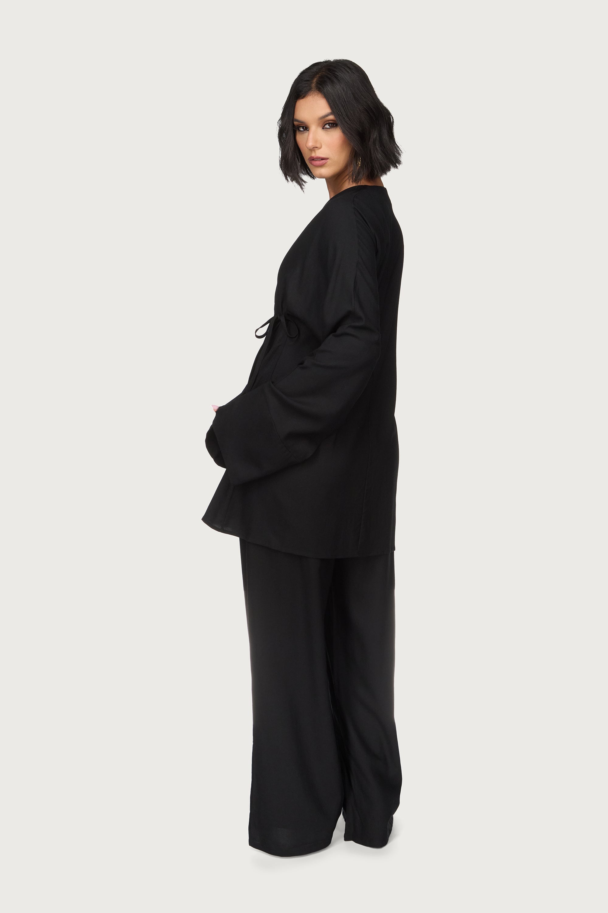Maya Linen Matching Top & Pants Set - Black Abayas Veiled 
