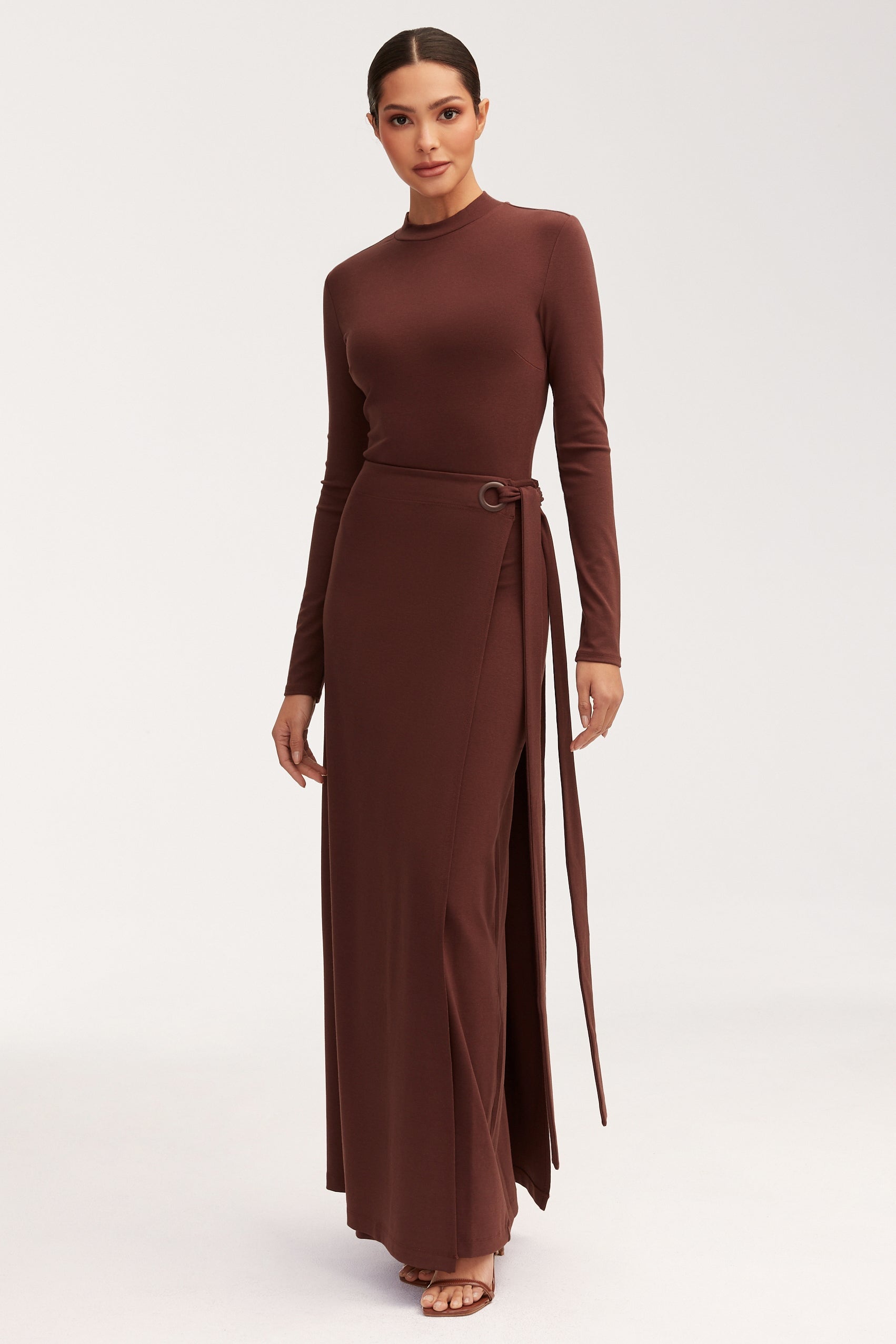 Melissa Jersey Maxi Dress with Wrap Skirt - Brown Sets Veiled 