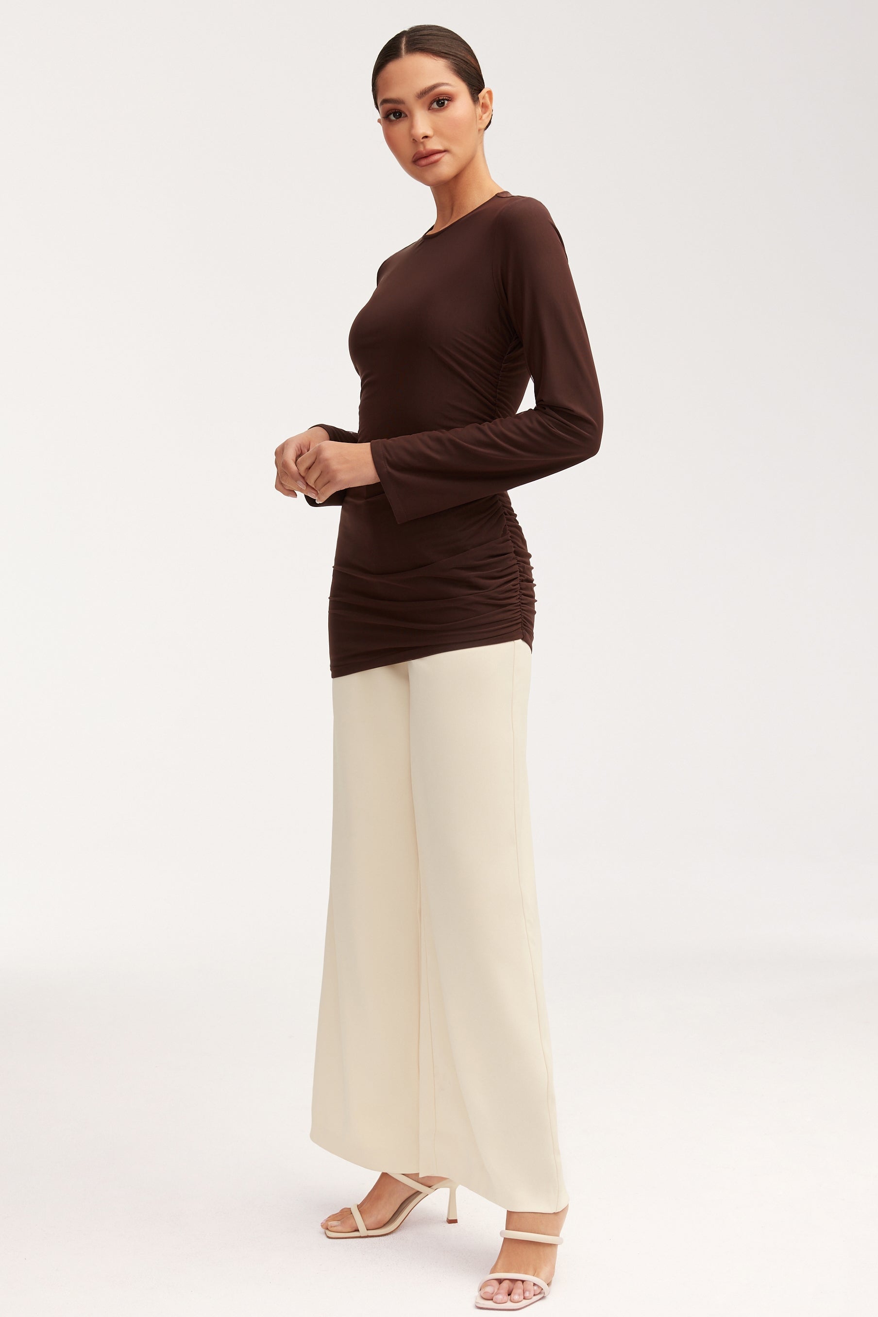 Mesh Rouched Top - Chocolate Plum Tops Veiled 