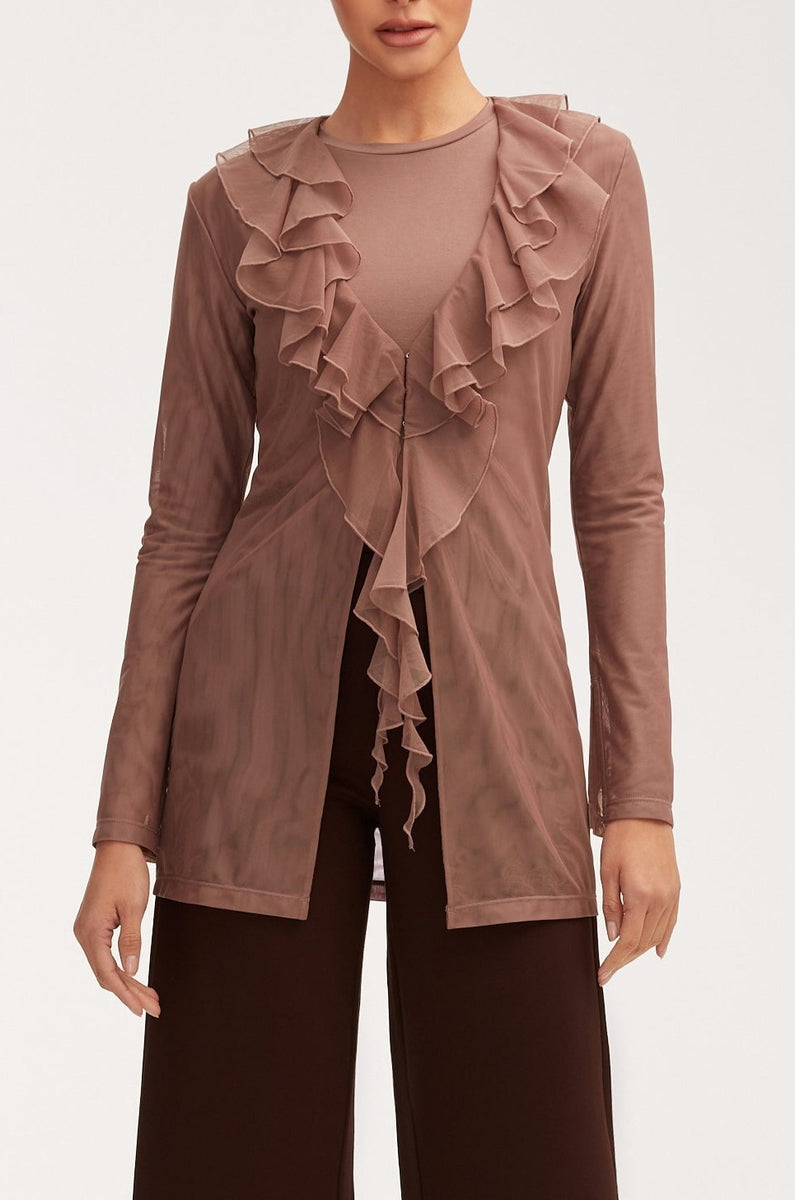 Plus Brown Mesh Ruffle Detail Long Sleeve Top