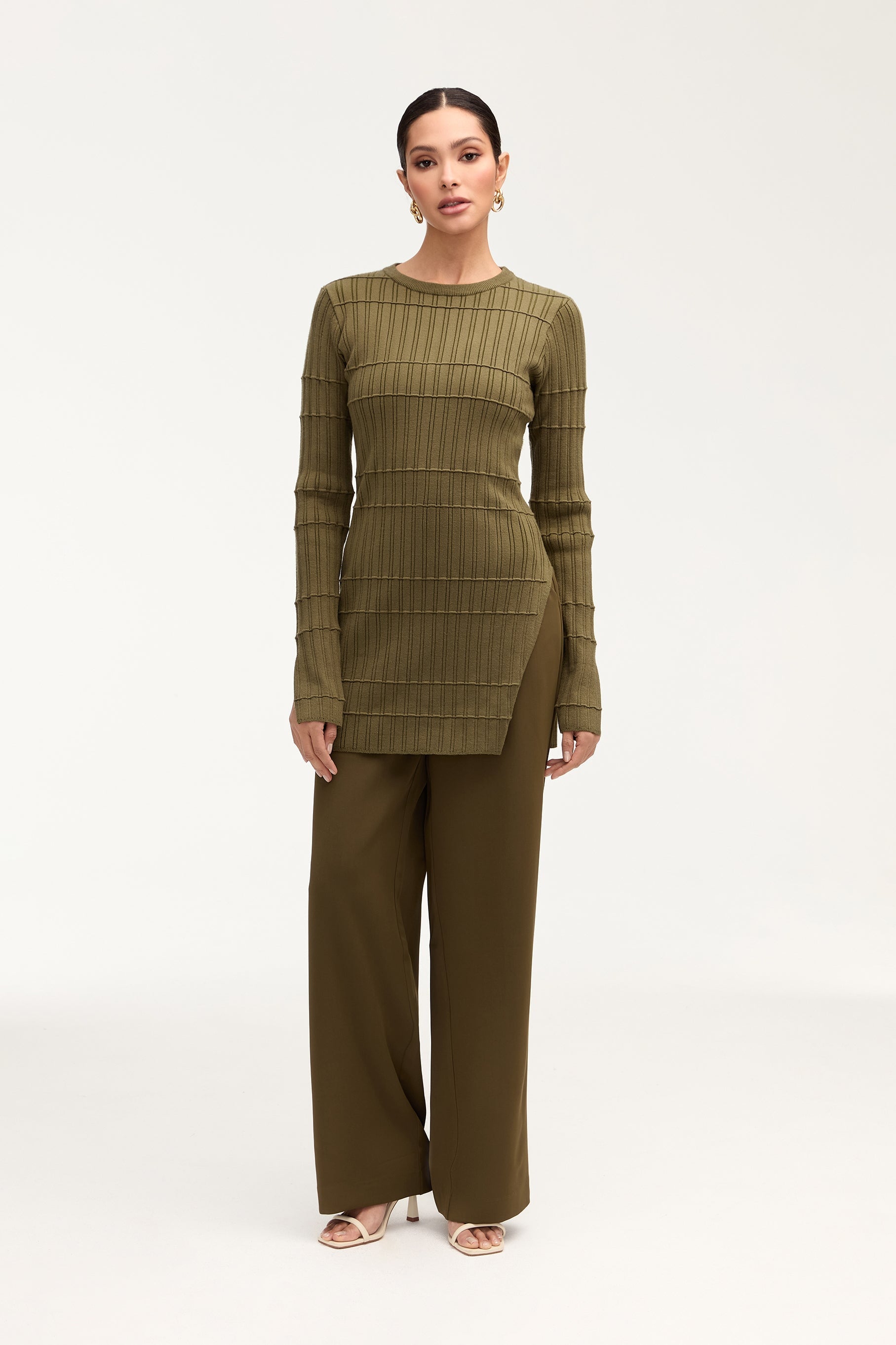 Milano Ribbed Knit Split Hem Top - Olive Clothing epschoolboard 