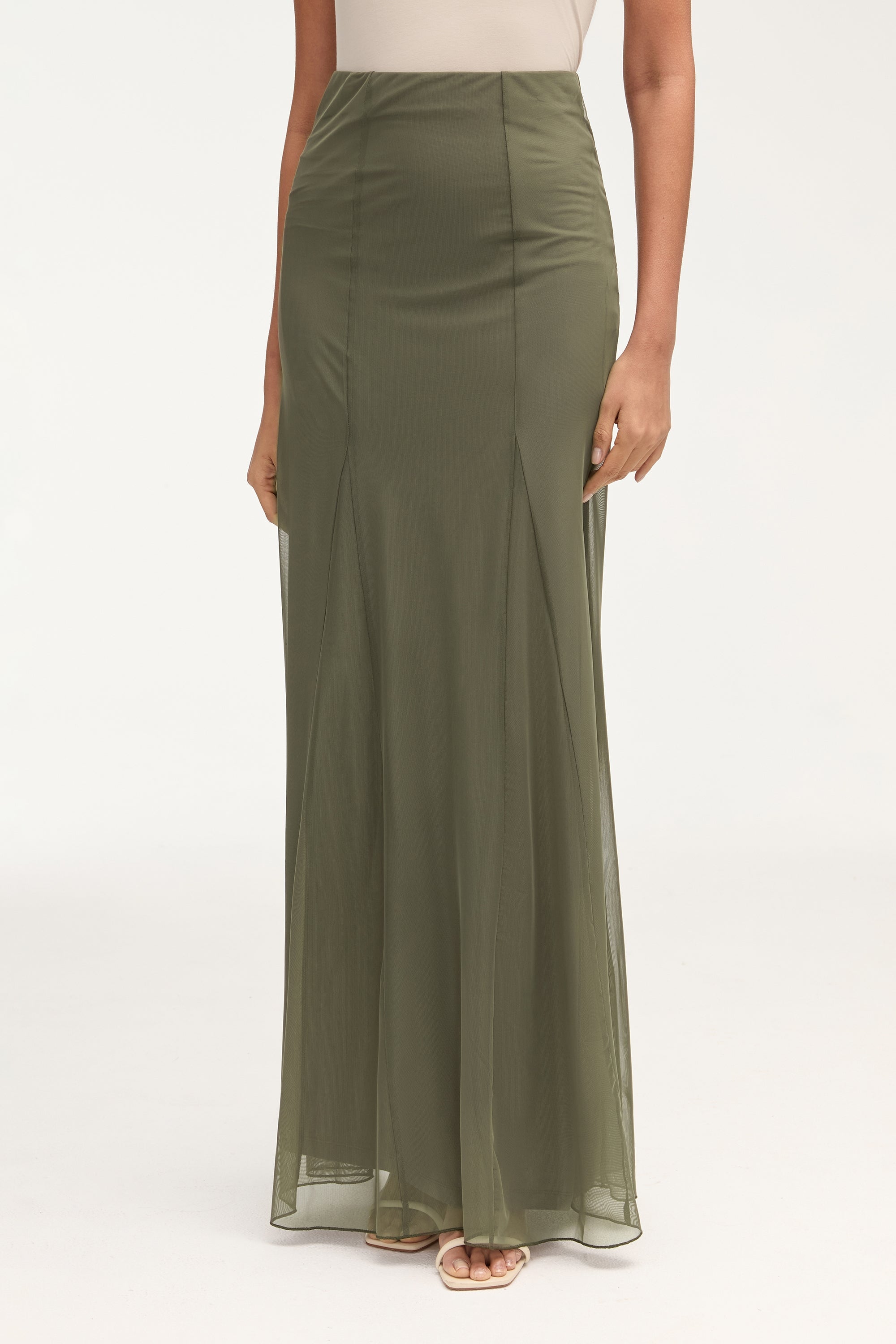 Milia Mesh Maxi Skirt - Smokey Olive Clothing Veiled 