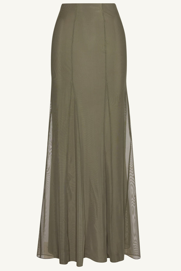 Milia Mesh Maxi Skirt - Smokey Olive Clothing Veiled 