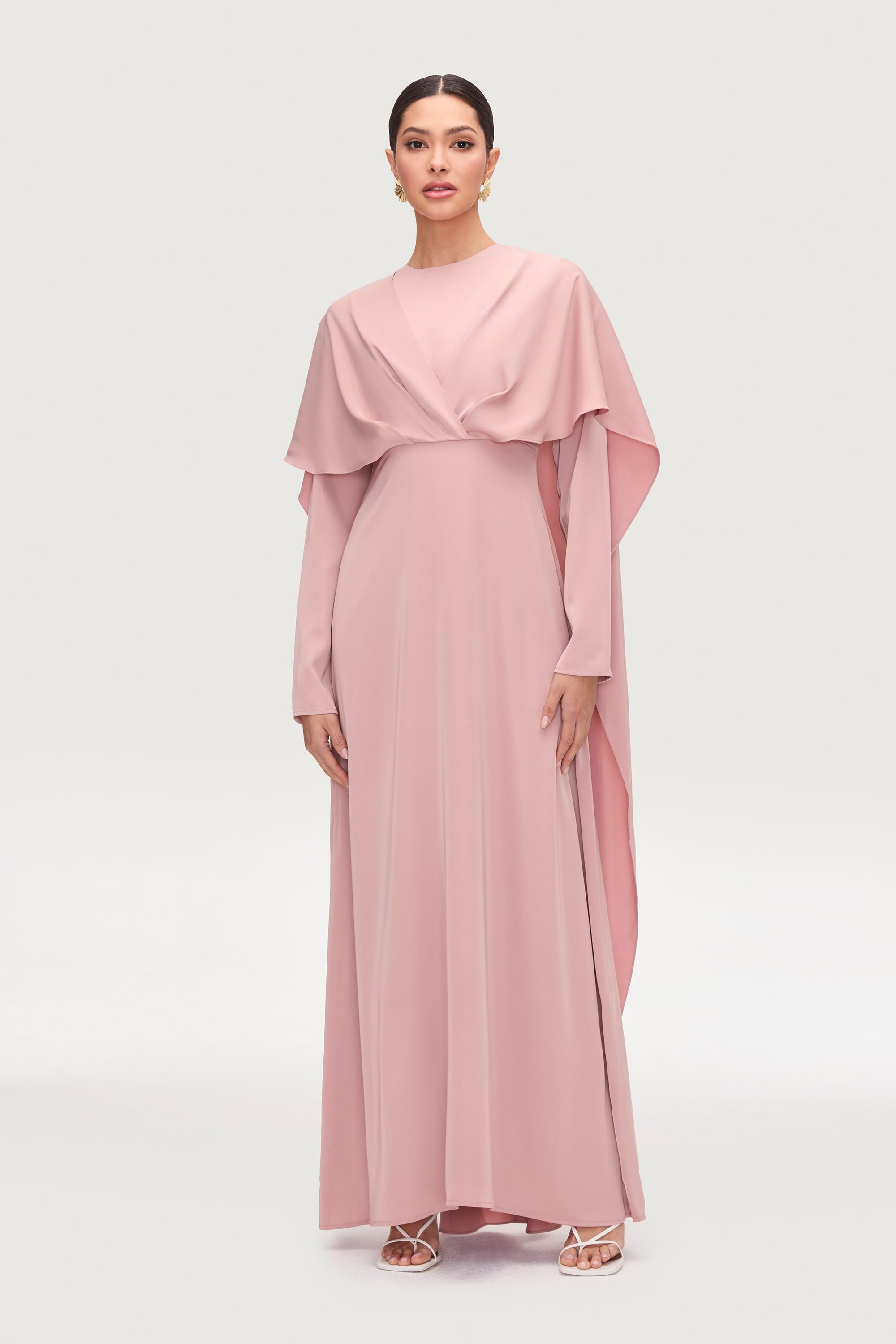 Misbah Cross Front Cape Gown - Dusty Rose Dresses Veiled 