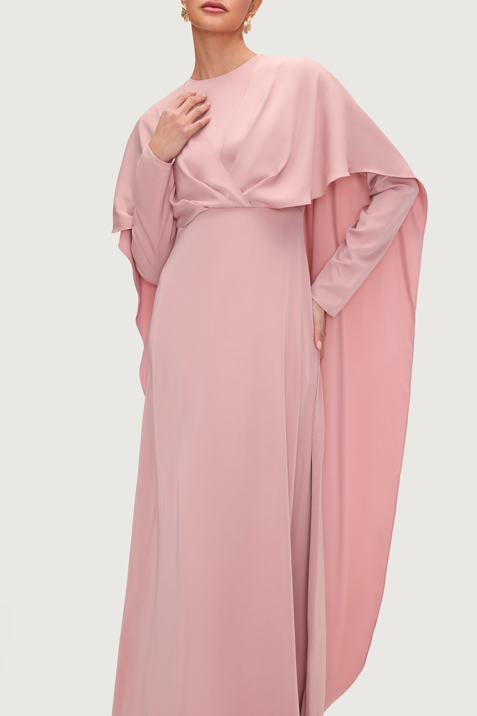 Misbah Cross Front Cape Gown - Dusty Rose Dresses Veiled 