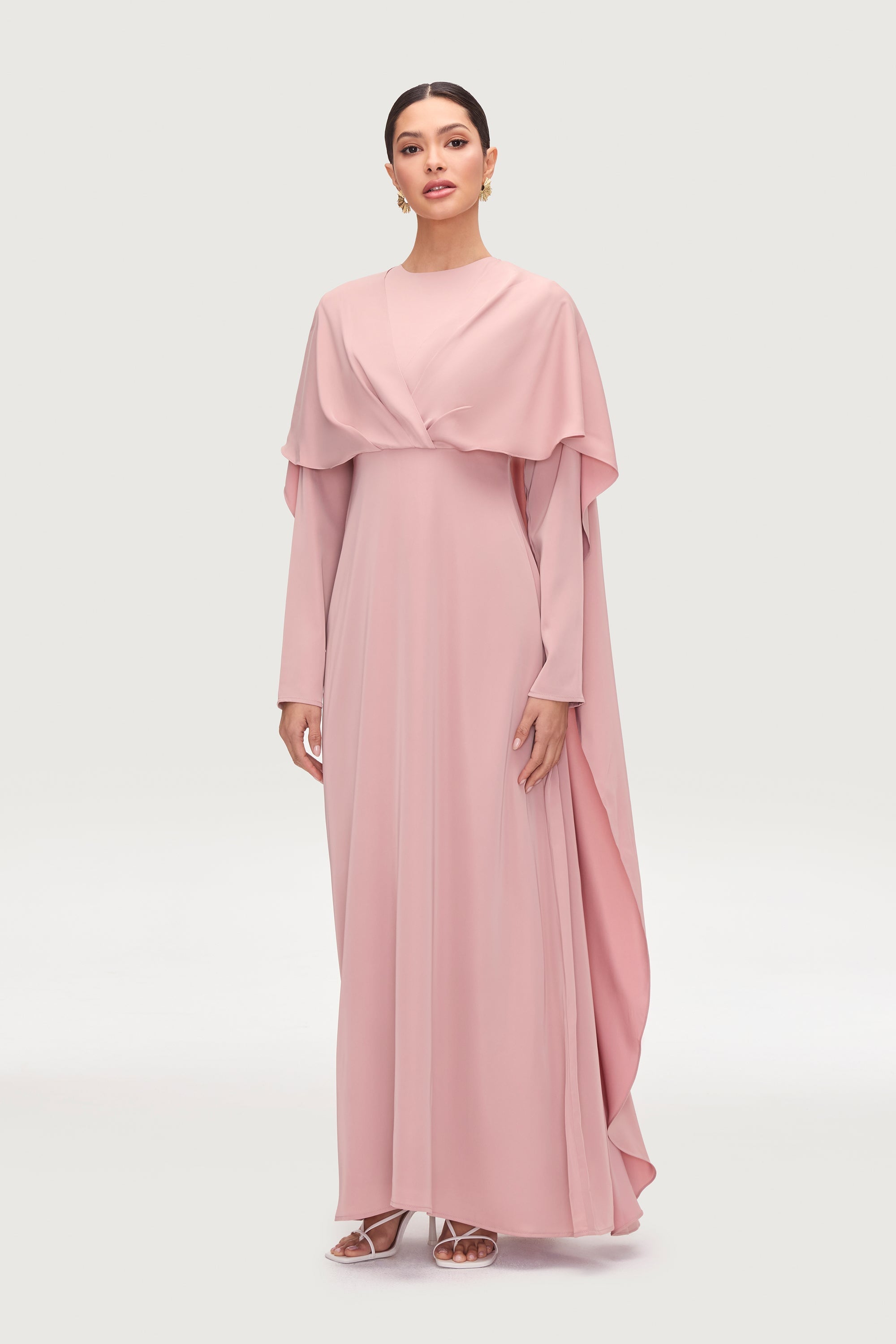 Misbah Cross Front Cape Gown - Dusty Rose Dresses Veiled 