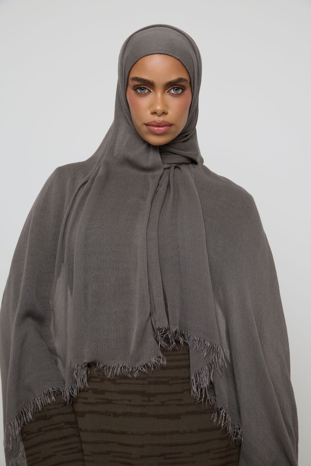 Modal Crinkle Fringe Hijab - Dark Truffle Hijabs Veiled 