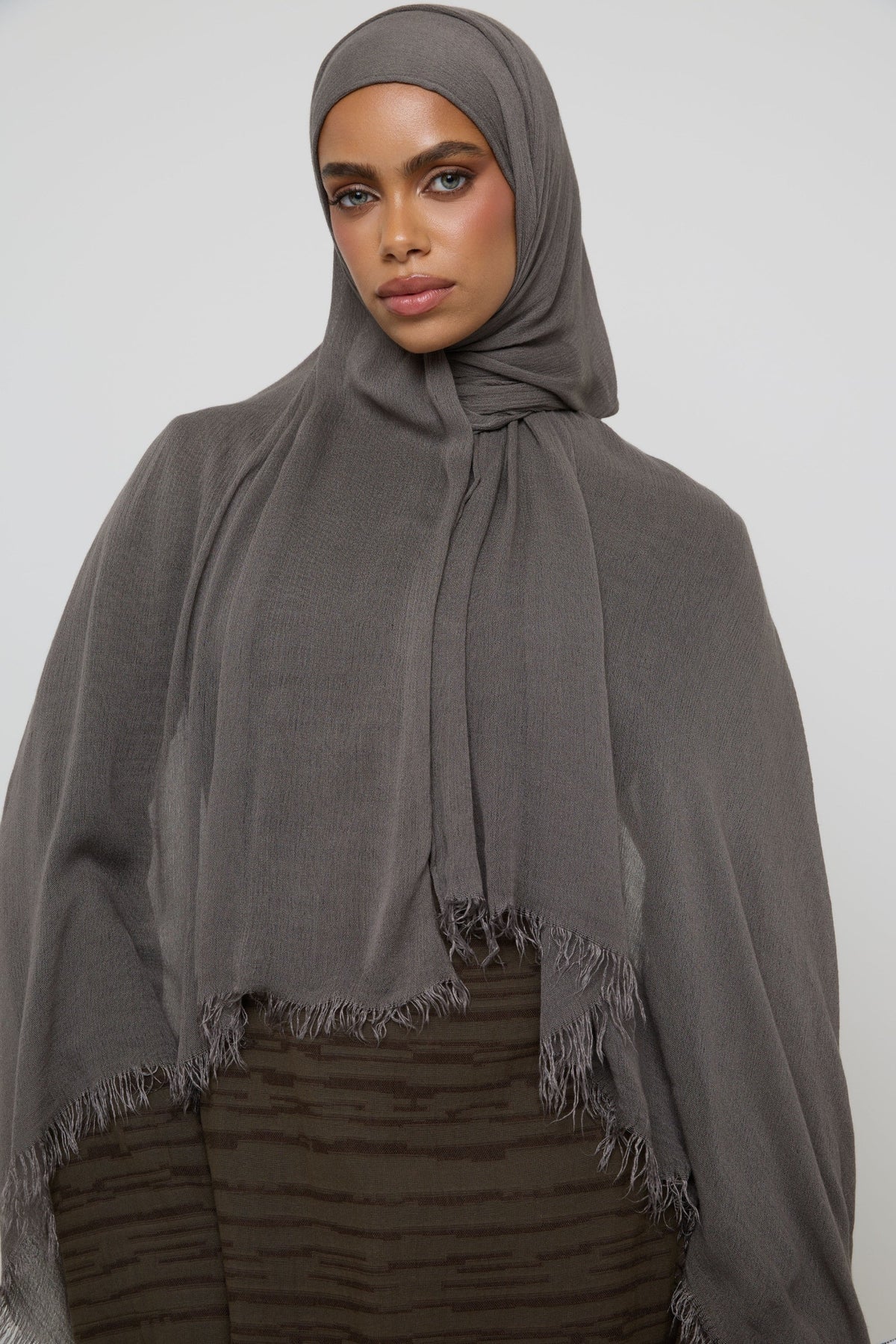 Modal Crinkle Fringe Hijab - Dark Truffle Hijabs Veiled 