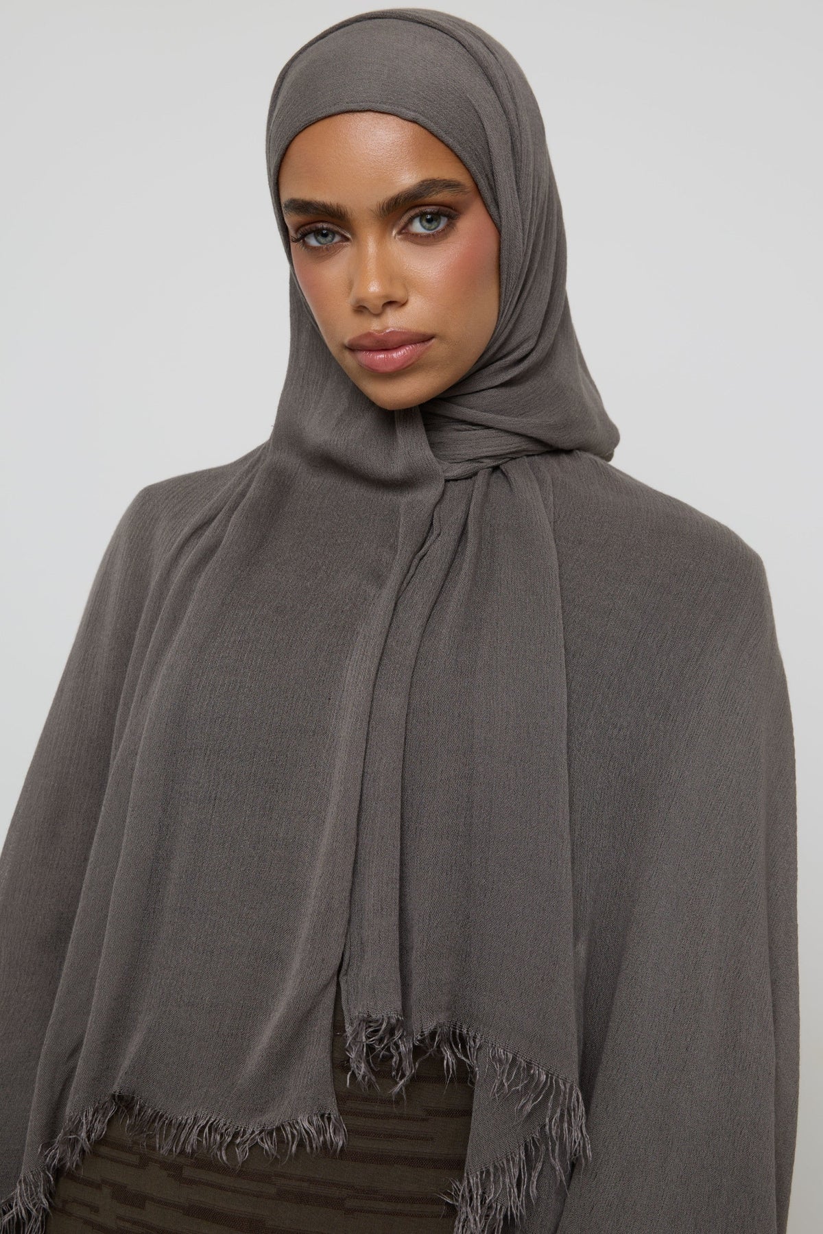 Modal Crinkle Fringe Hijab - Dark Truffle Hijabs Veiled 