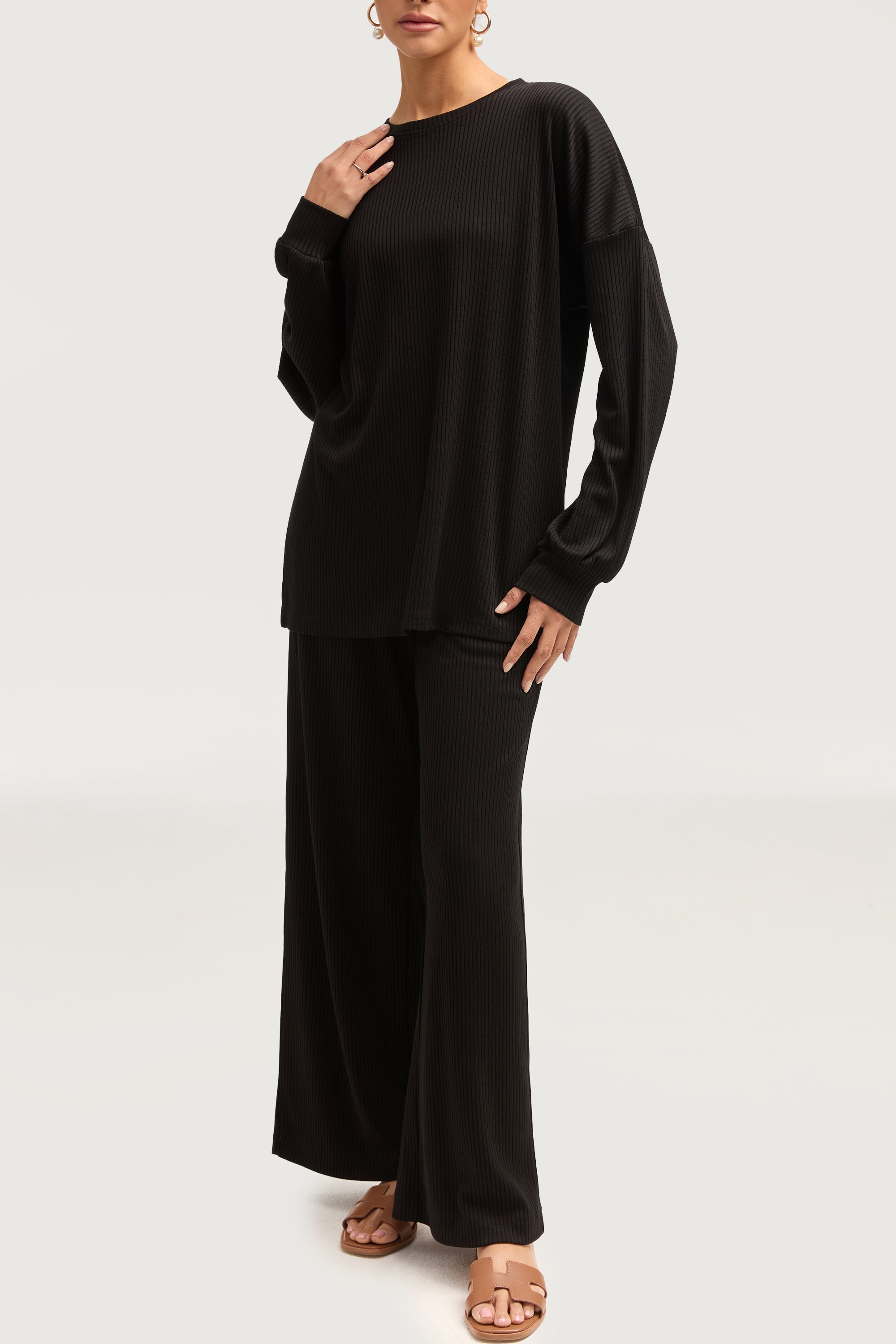 Mona Ribbed Top & Pants Matching Set - Black Sets Veiled Collection 