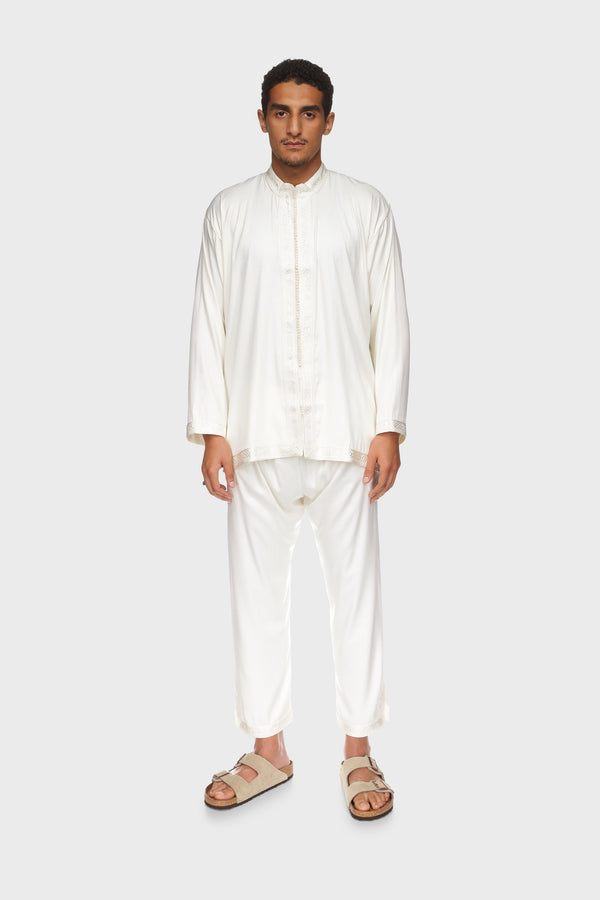 Moroccan Jabador Shirt & Pants Set - Ivory Mens Veiled 