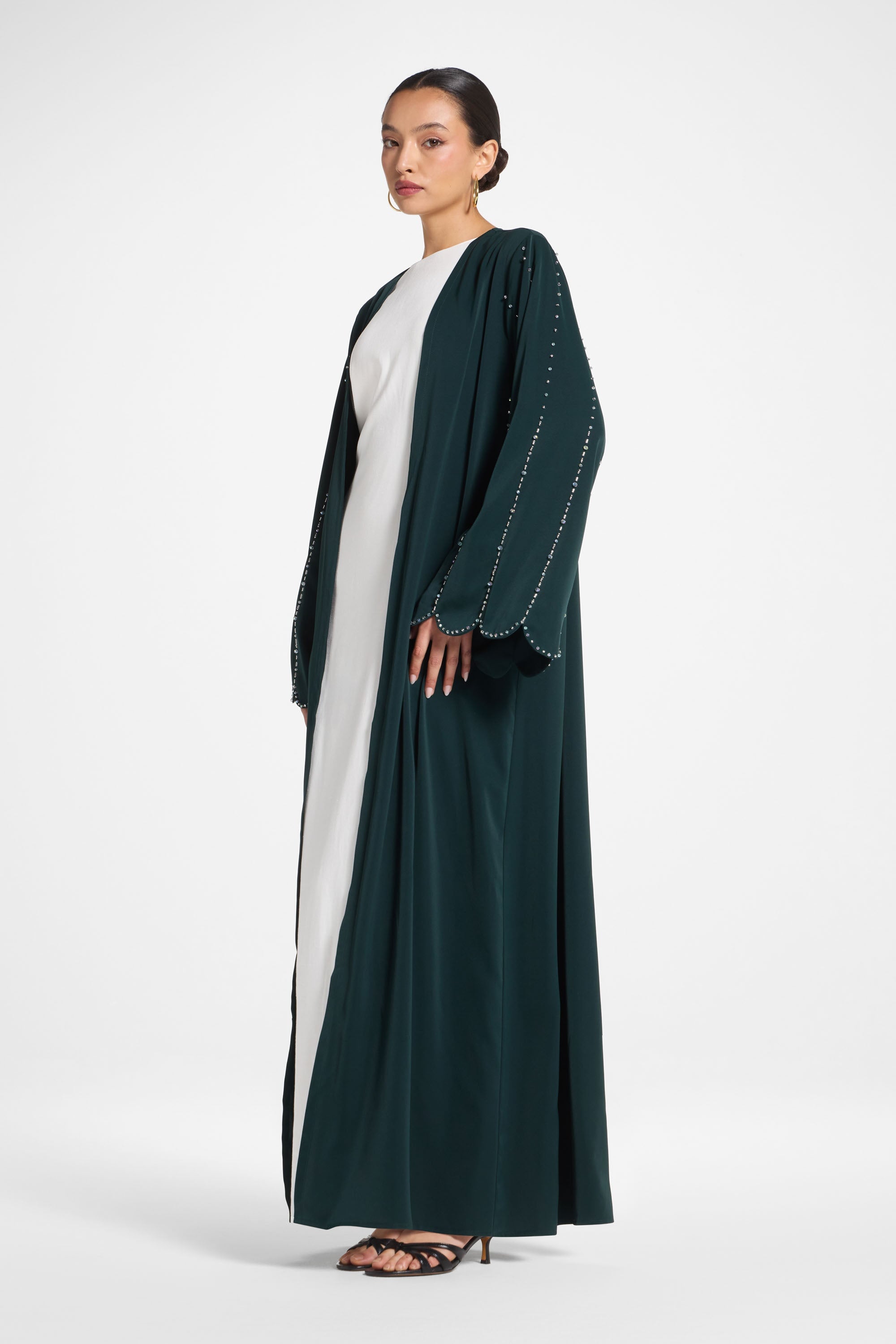Nada Embellished Open Abaya - Emerald Abayas Veiled 